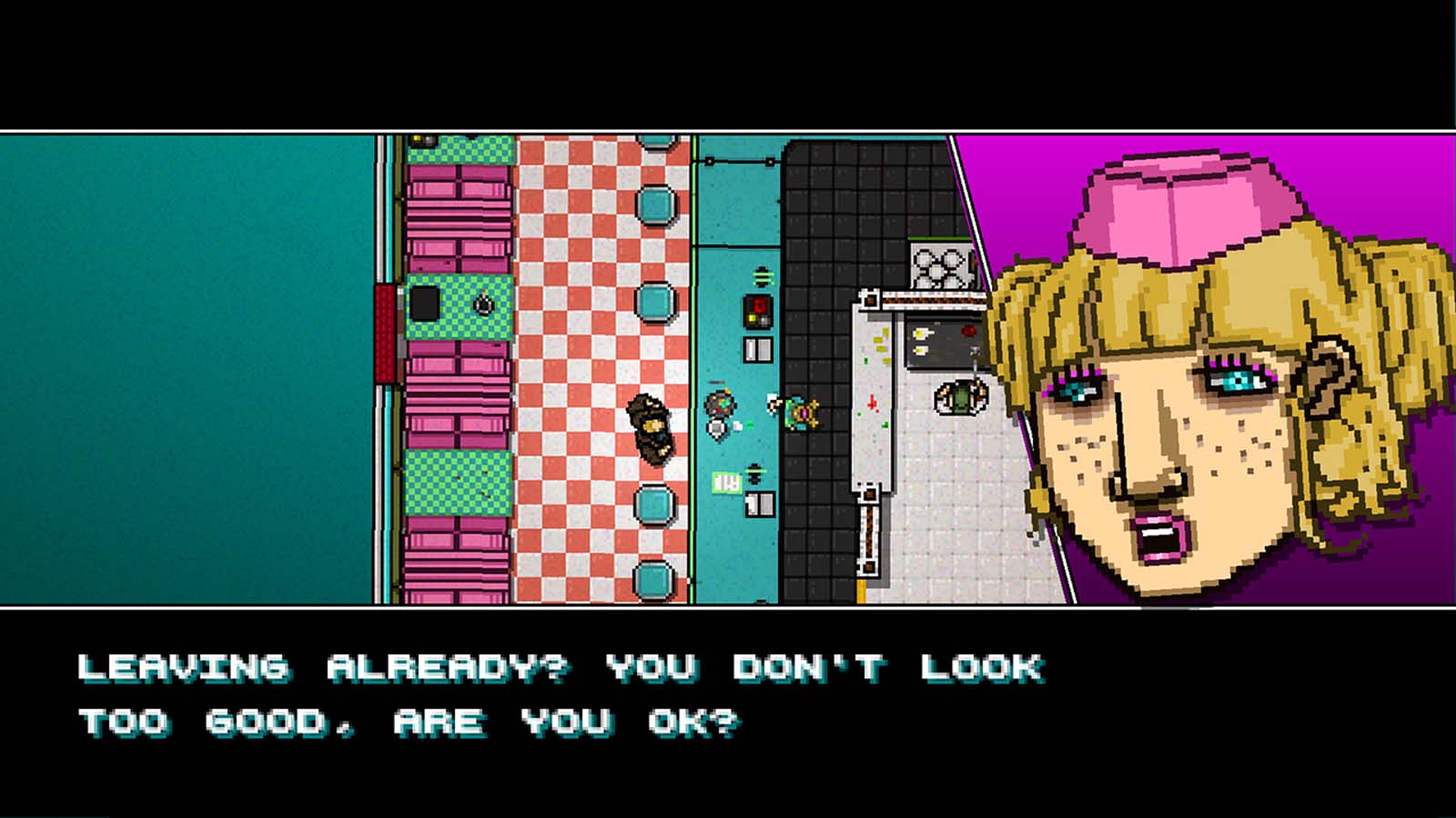 Hotline Miami Collection screenshot: pixel art, top-down, black outlines (character, cutscene)