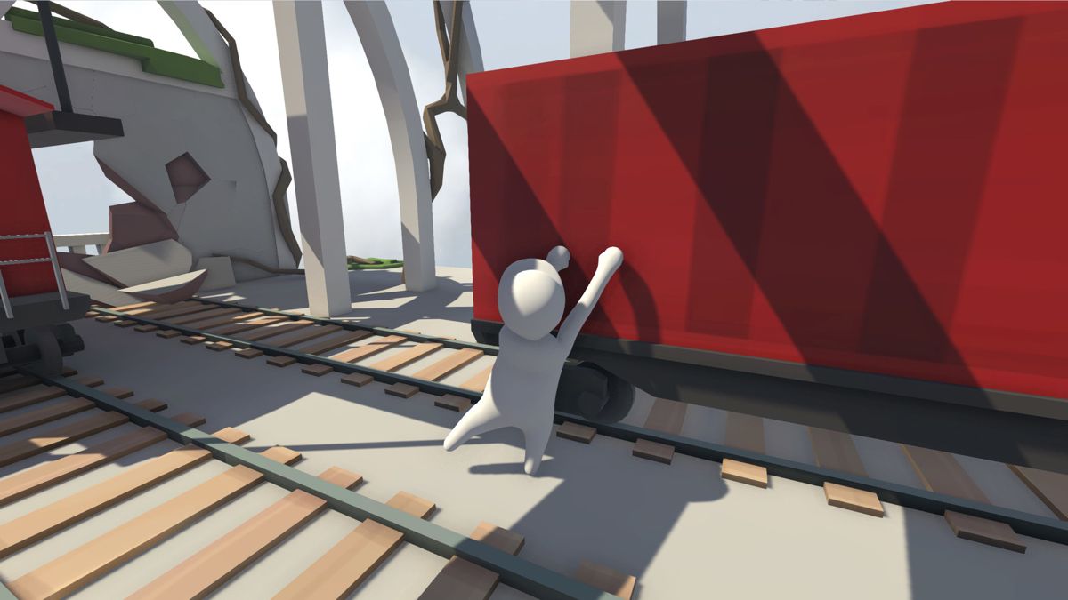 Human: Fall Flat screenshot: low-poly, stylized 3d, third-person, no outlines, soft gradient (environment, character)