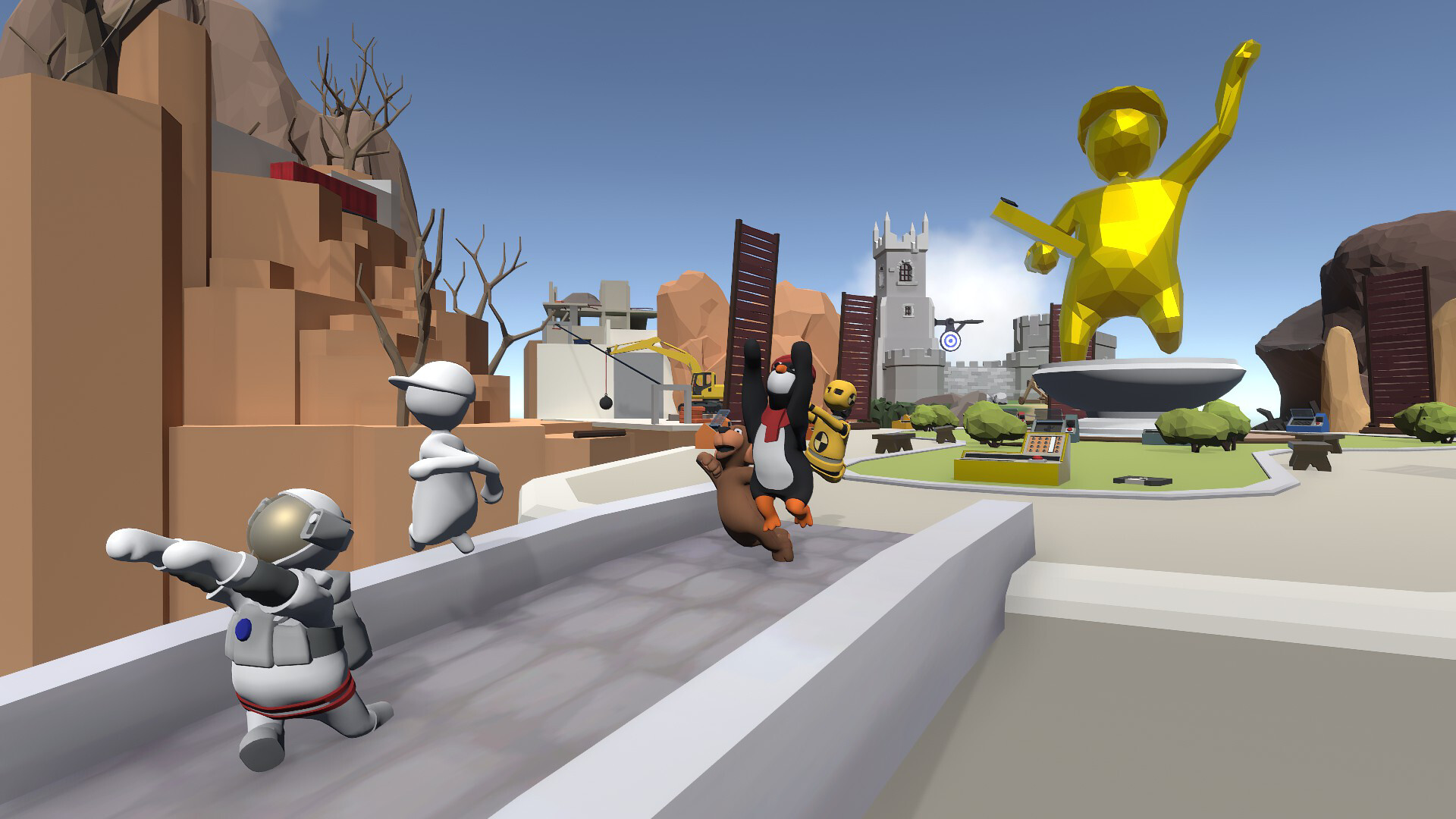 Human: Fall Flat screenshot: low-poly, stylized 3d, third-person, no outlines, soft gradient (environment, character)