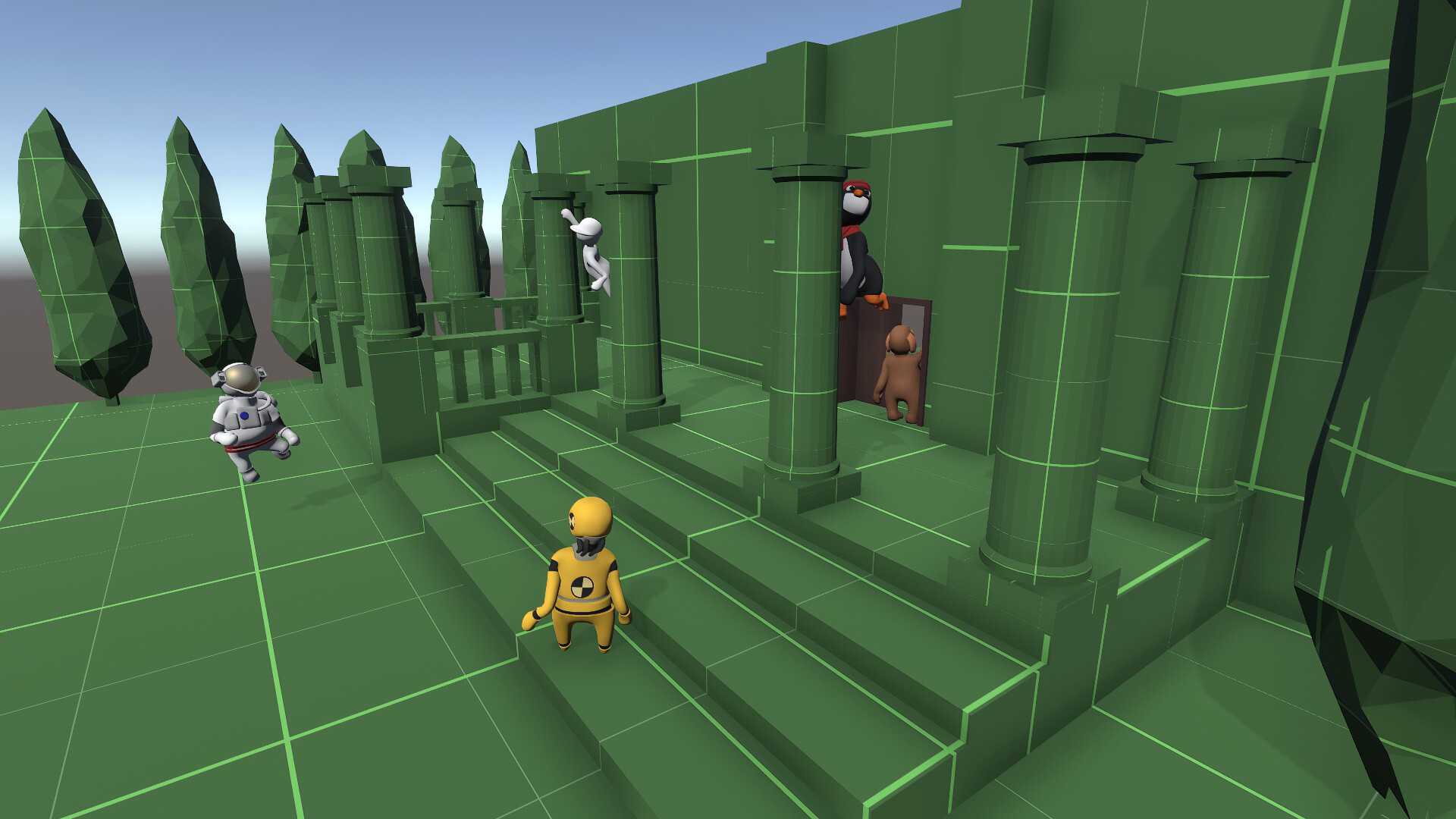 Human: Fall Flat screenshot: low-poly, stylized 3d, third-person, no outlines, soft gradient (environment, character)