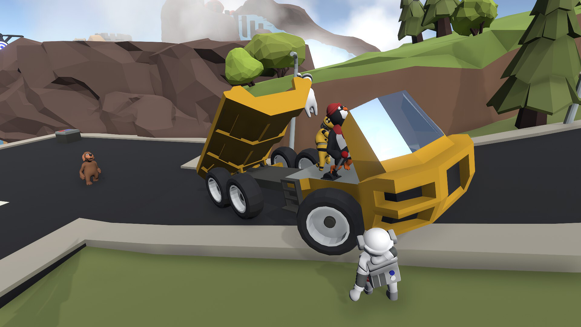 Human: Fall Flat screenshot: low-poly, stylized 3d, third-person, no outlines, soft gradient (environment, character)