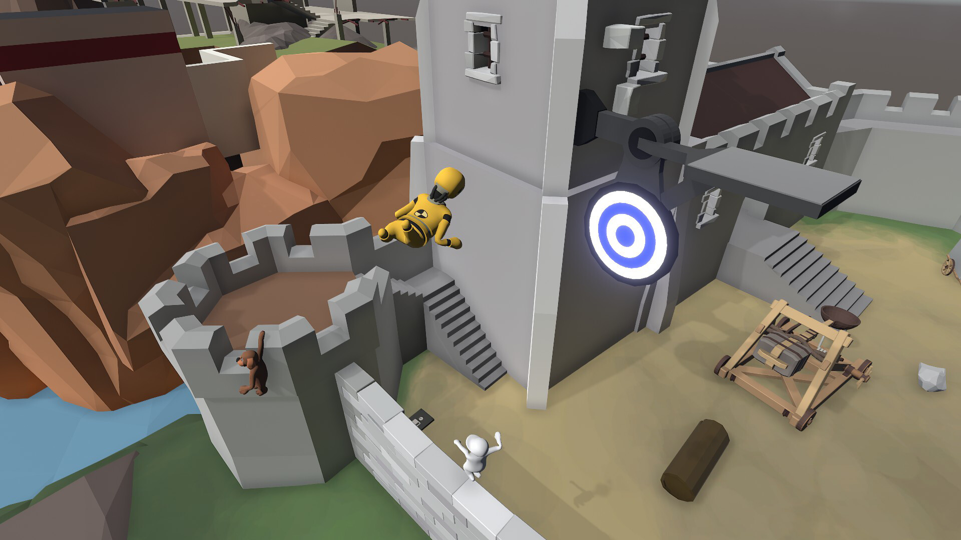 Human: Fall Flat screenshot: low-poly, stylized 3d, third-person, no outlines, soft gradient (environment, character)