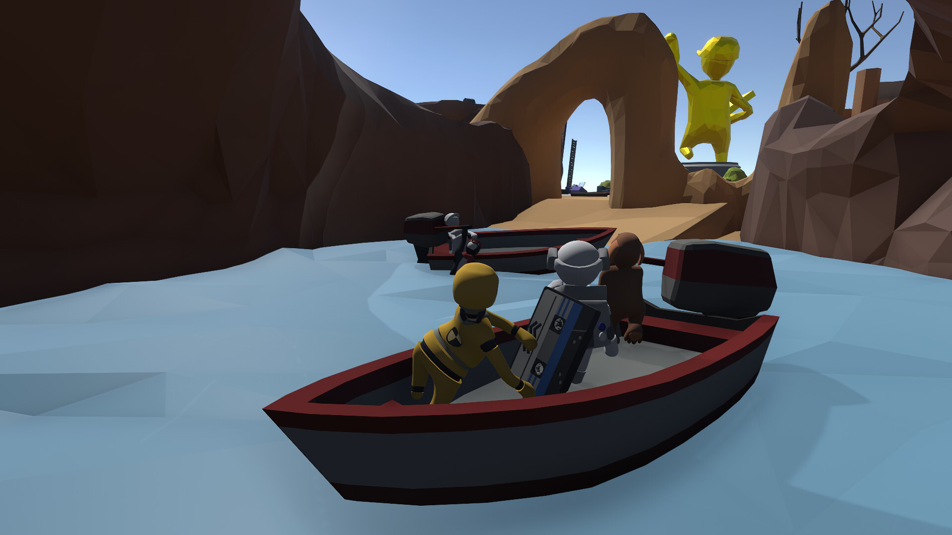 Human: Fall Flat screenshot: low-poly, stylized 3d, third-person, no outlines, soft gradient (environment, character)