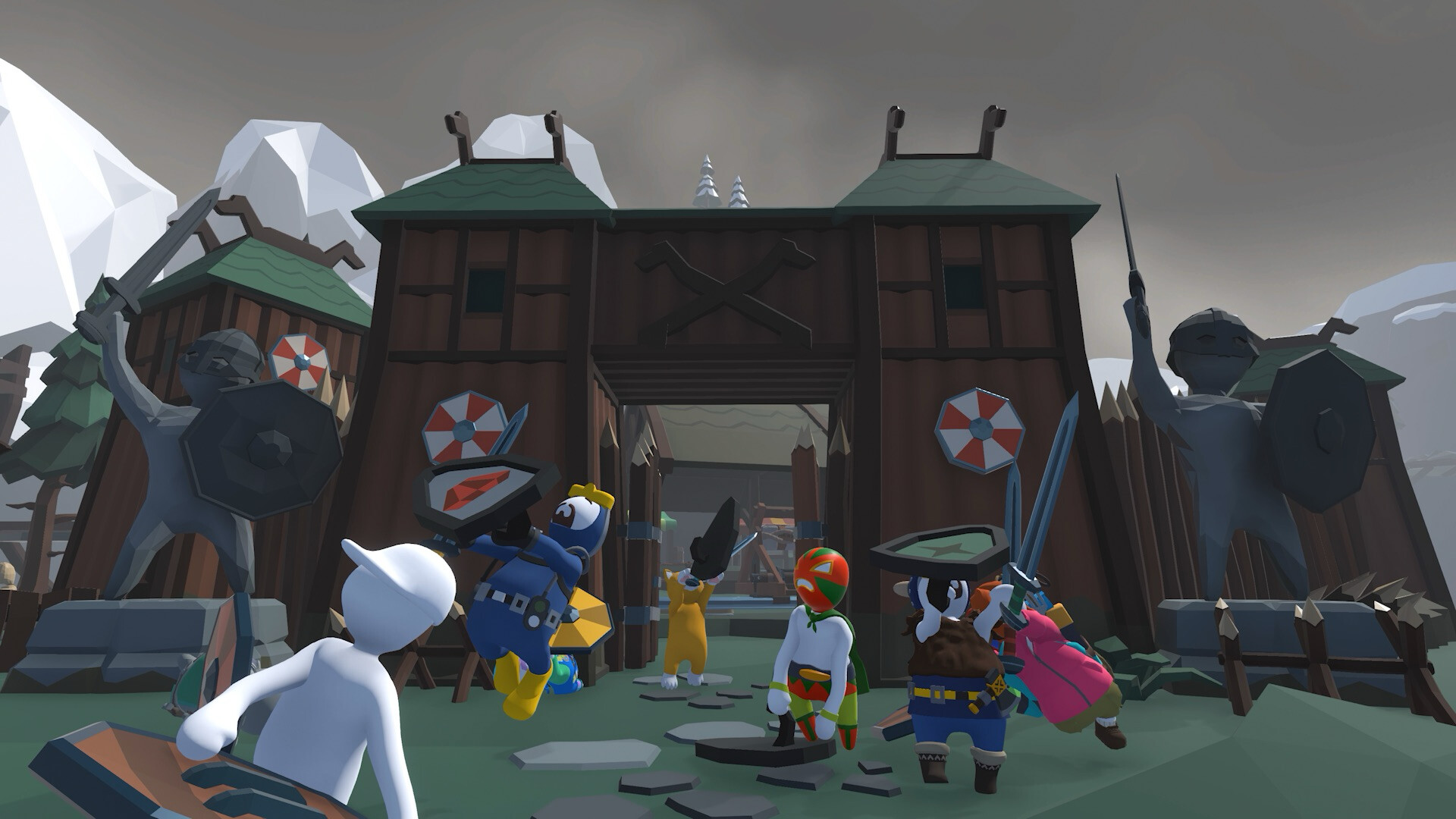 Human: Fall Flat screenshot: low-poly, stylized 3d, third-person, no outlines, soft gradient (environment, character)