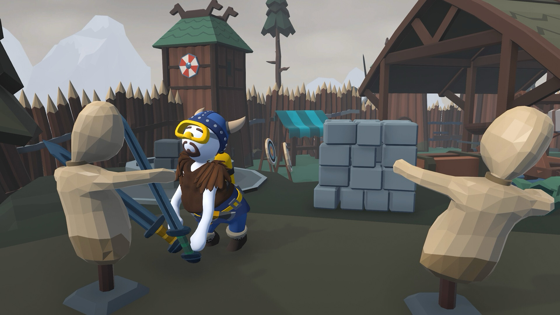 Human: Fall Flat screenshot: low-poly, stylized 3d, third-person, no outlines, soft gradient (environment, character)