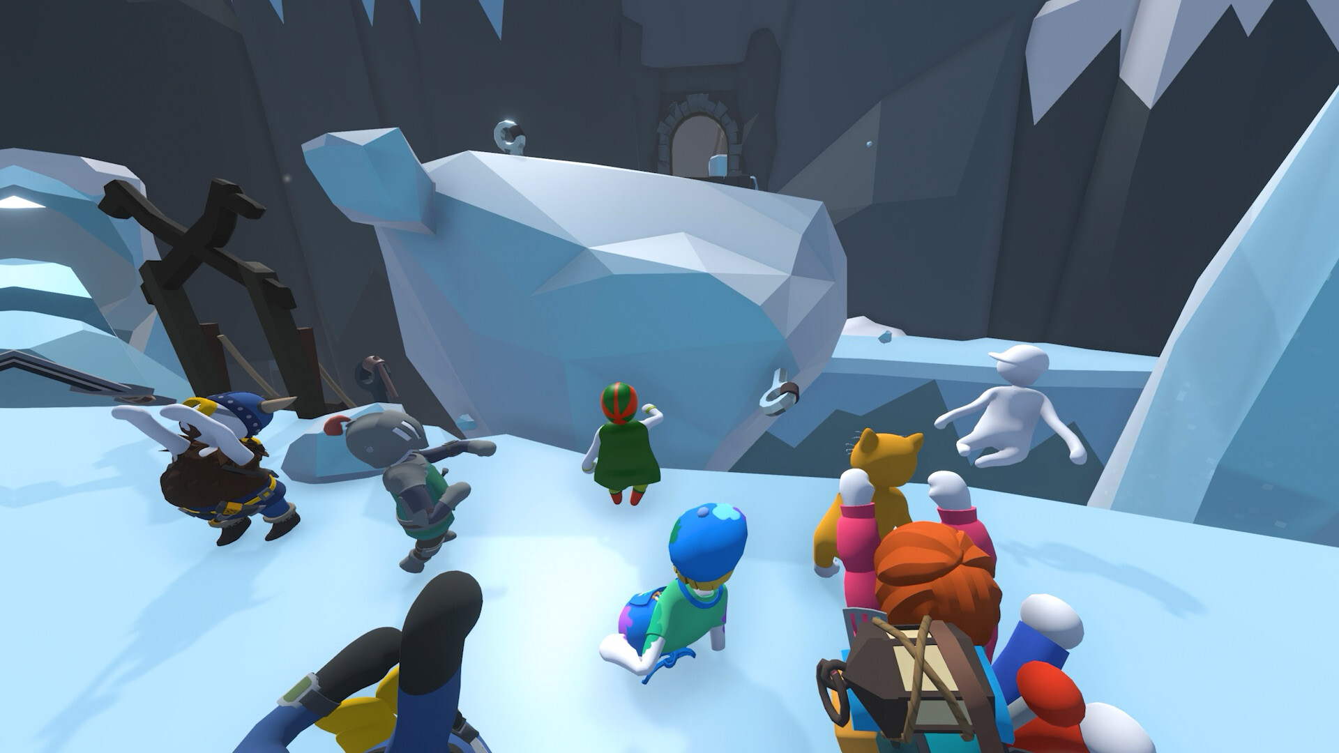 Human: Fall Flat screenshot: low-poly, stylized 3d, third-person, no outlines, soft gradient (environment, character)