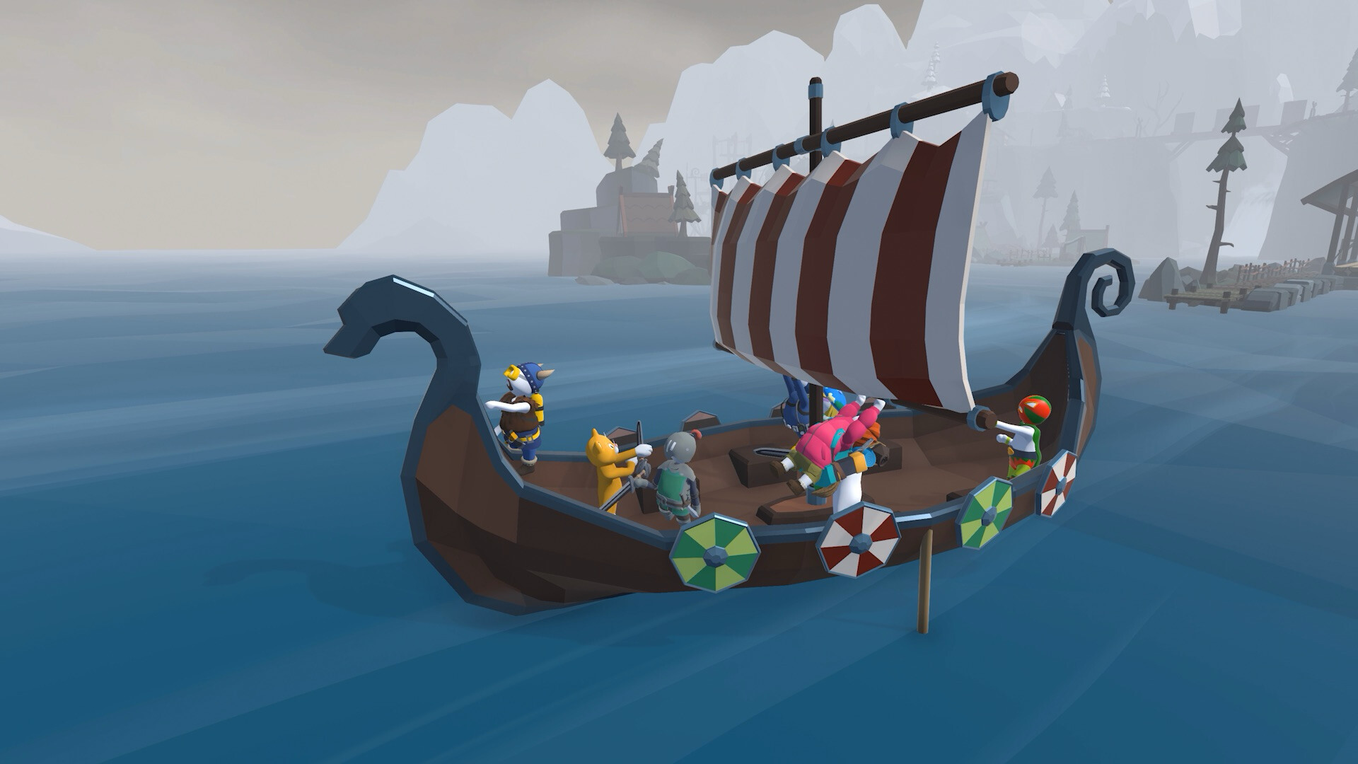 Human: Fall Flat screenshot: low-poly, stylized 3d, third-person, no outlines, soft gradient (environment, character)