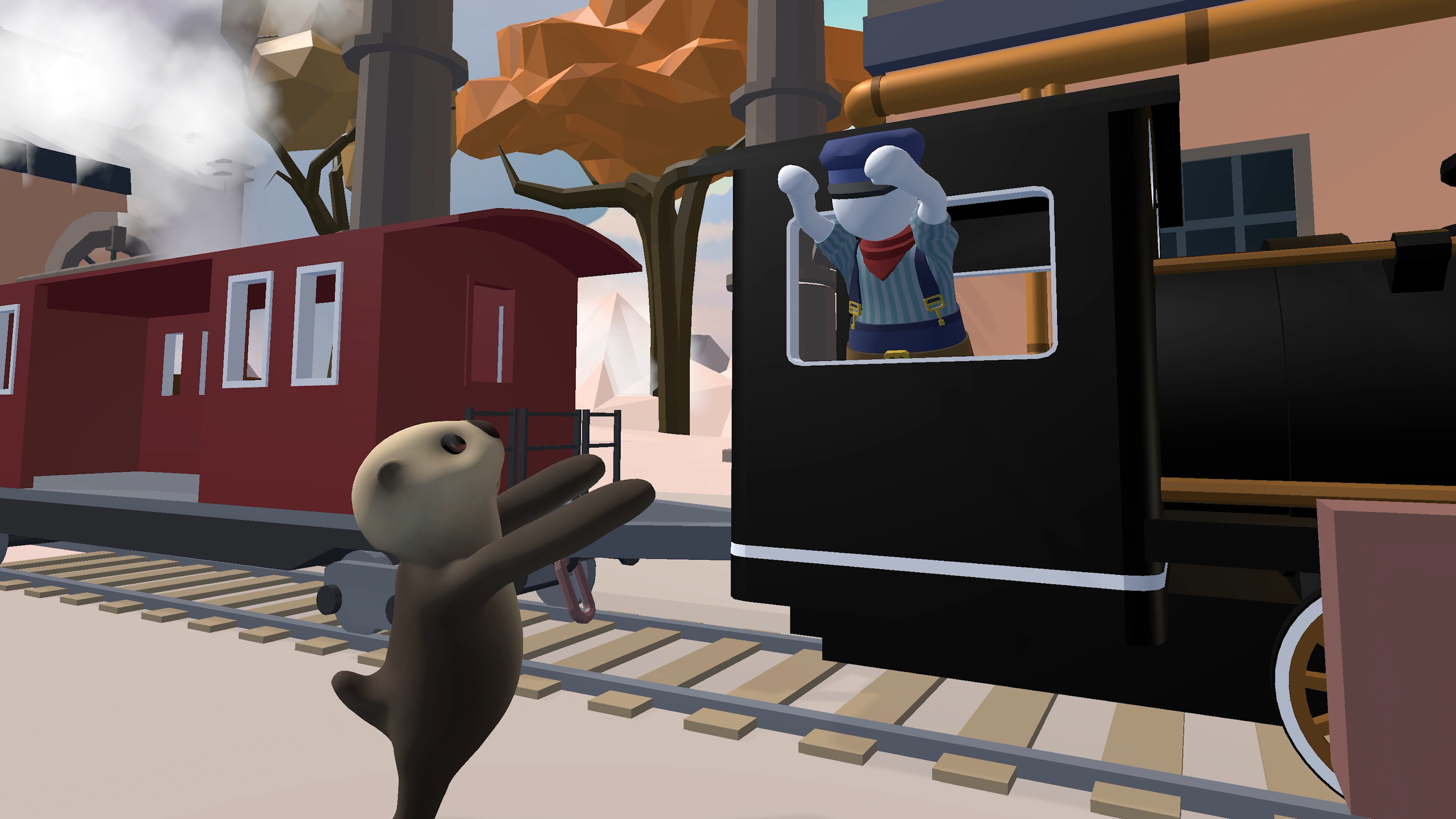 Human: Fall Flat screenshot: low-poly, stylized 3d, third-person, no outlines, soft gradient (environment, character)