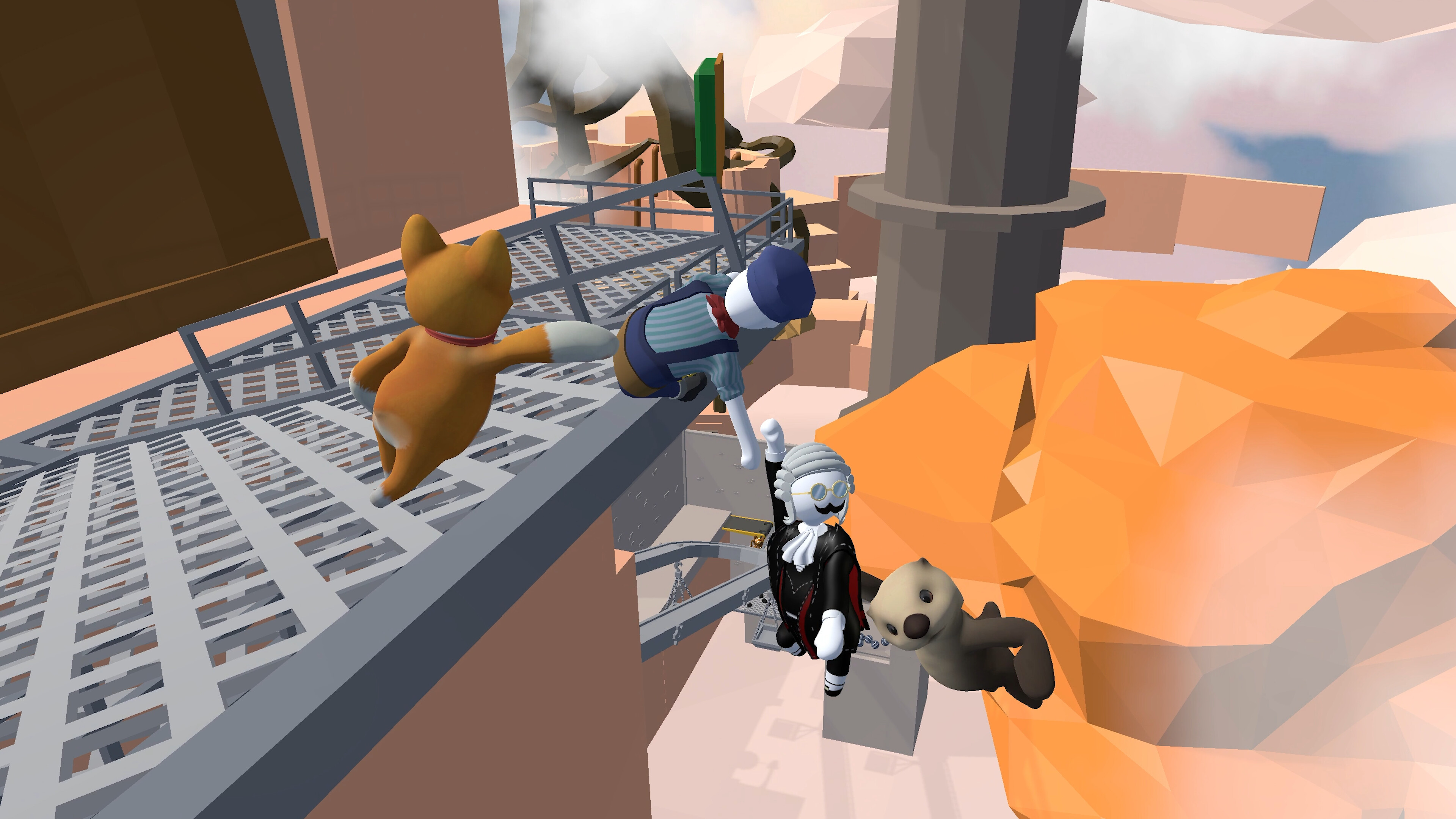 Human: Fall Flat screenshot: low-poly, stylized 3d, third-person, no outlines, soft gradient (environment, character)