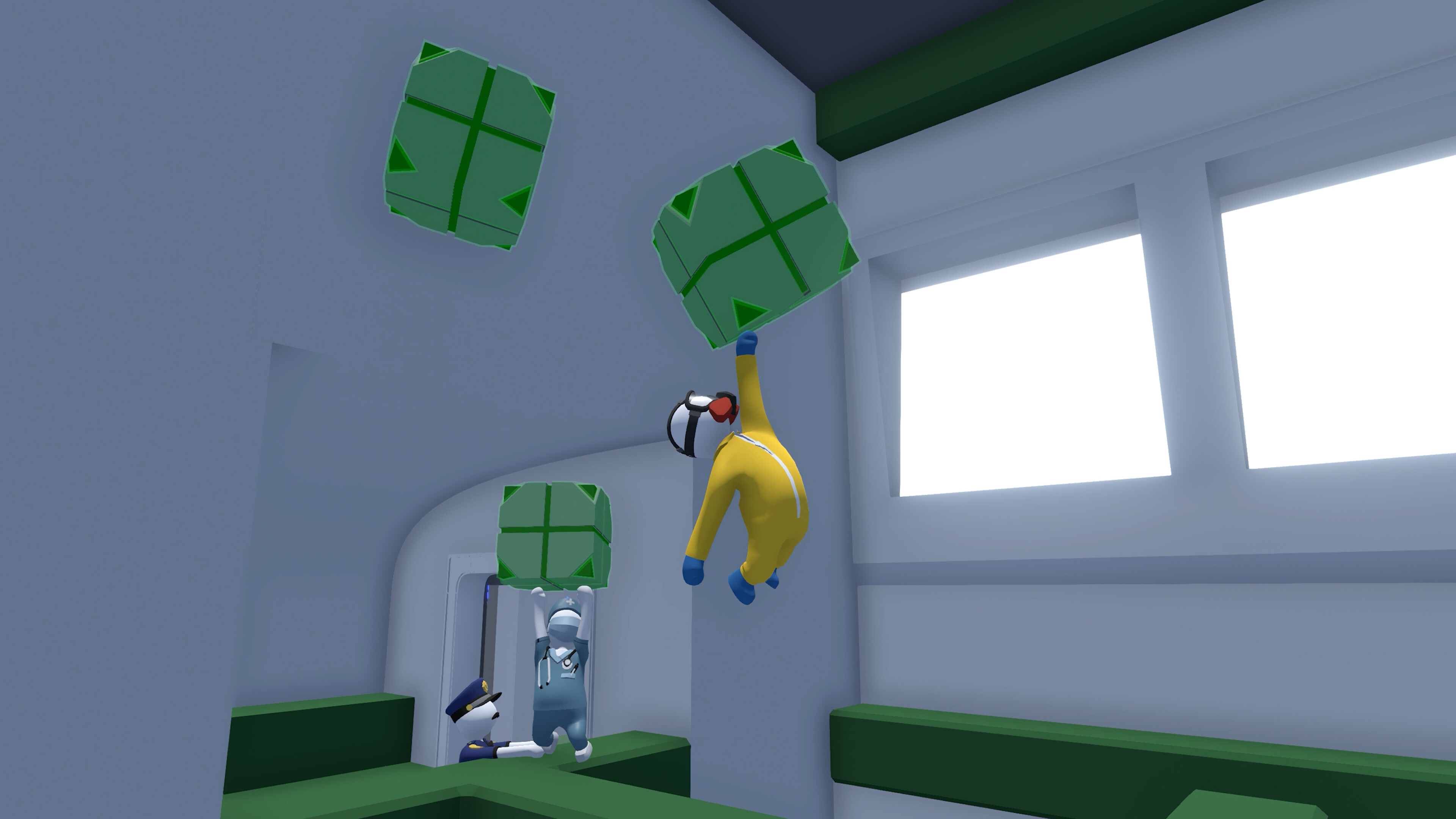Human: Fall Flat screenshot: low-poly, stylized 3d, third-person, no outlines, soft gradient (environment, character)