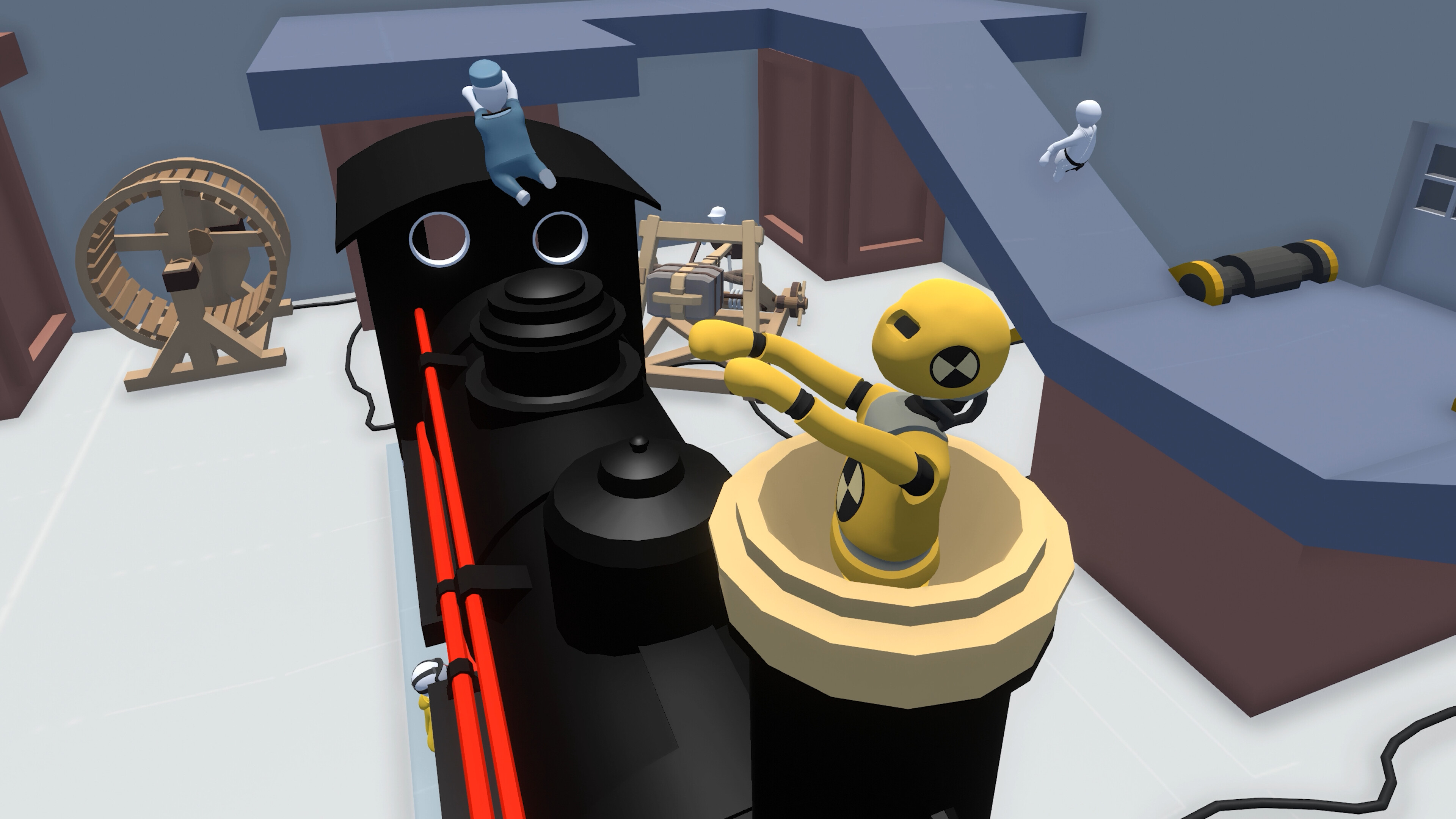 Human: Fall Flat screenshot: low-poly, stylized 3d, third-person, no outlines, soft gradient (environment, character)