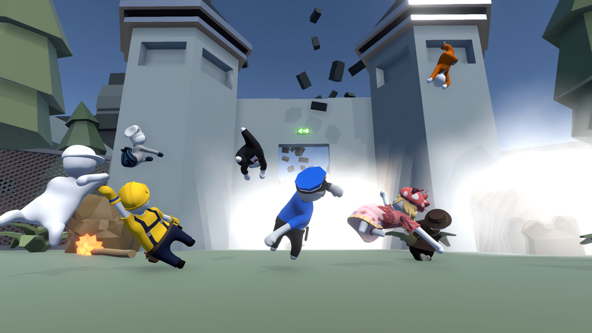 Human: Fall Flat screenshot: low-poly, stylized 3d, third-person, no outlines, soft gradient (environment, character)