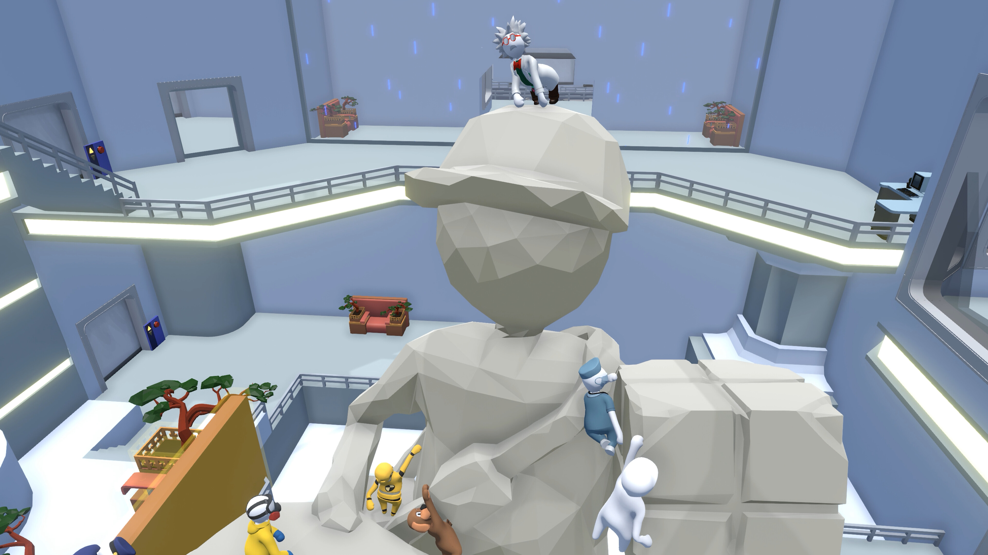 Human: Fall Flat screenshot: low-poly, stylized 3d, third-person, no outlines, soft gradient (environment, character)
