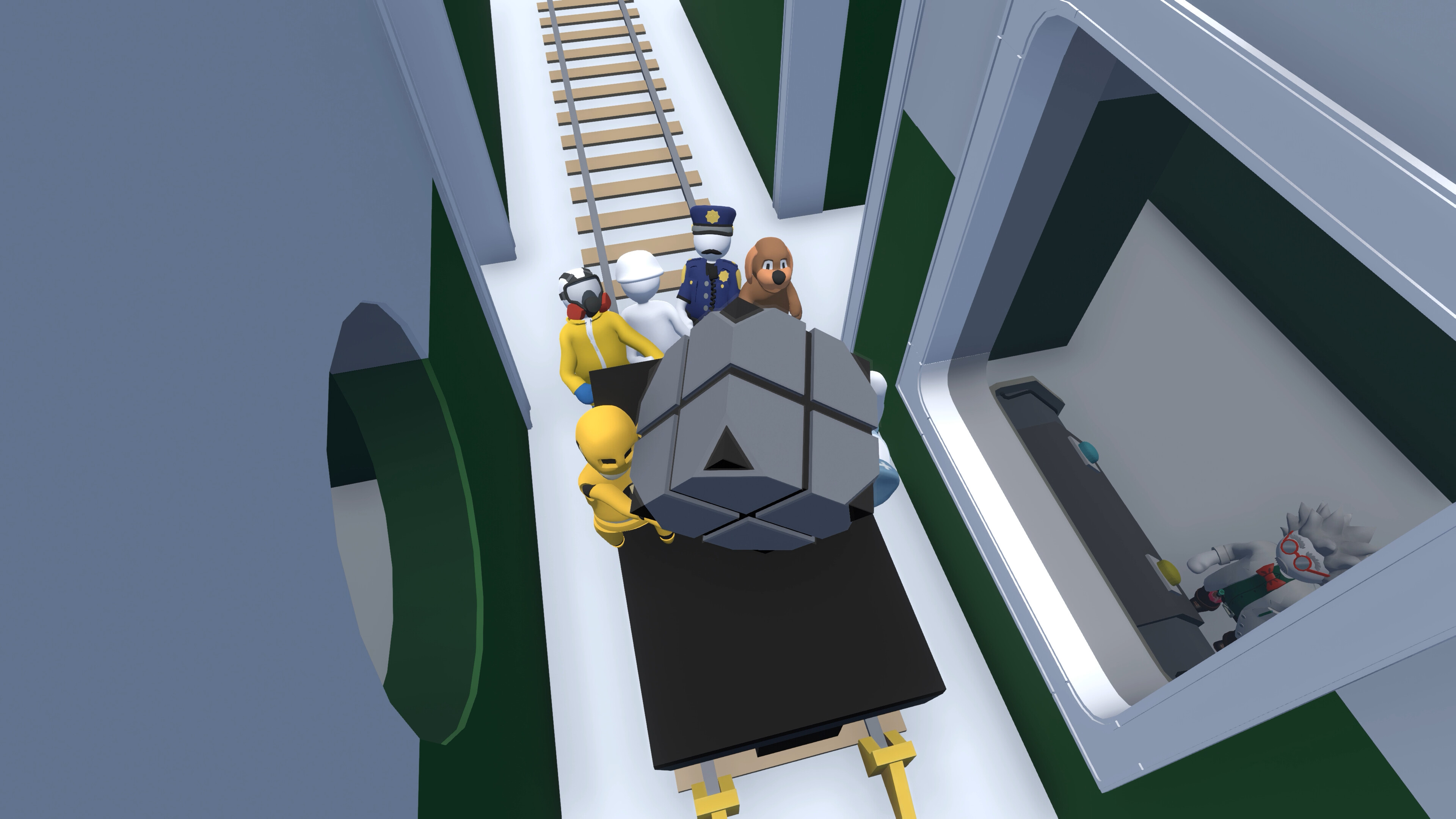 Human: Fall Flat screenshot: low-poly, stylized 3d, third-person, no outlines, soft gradient (environment, character)