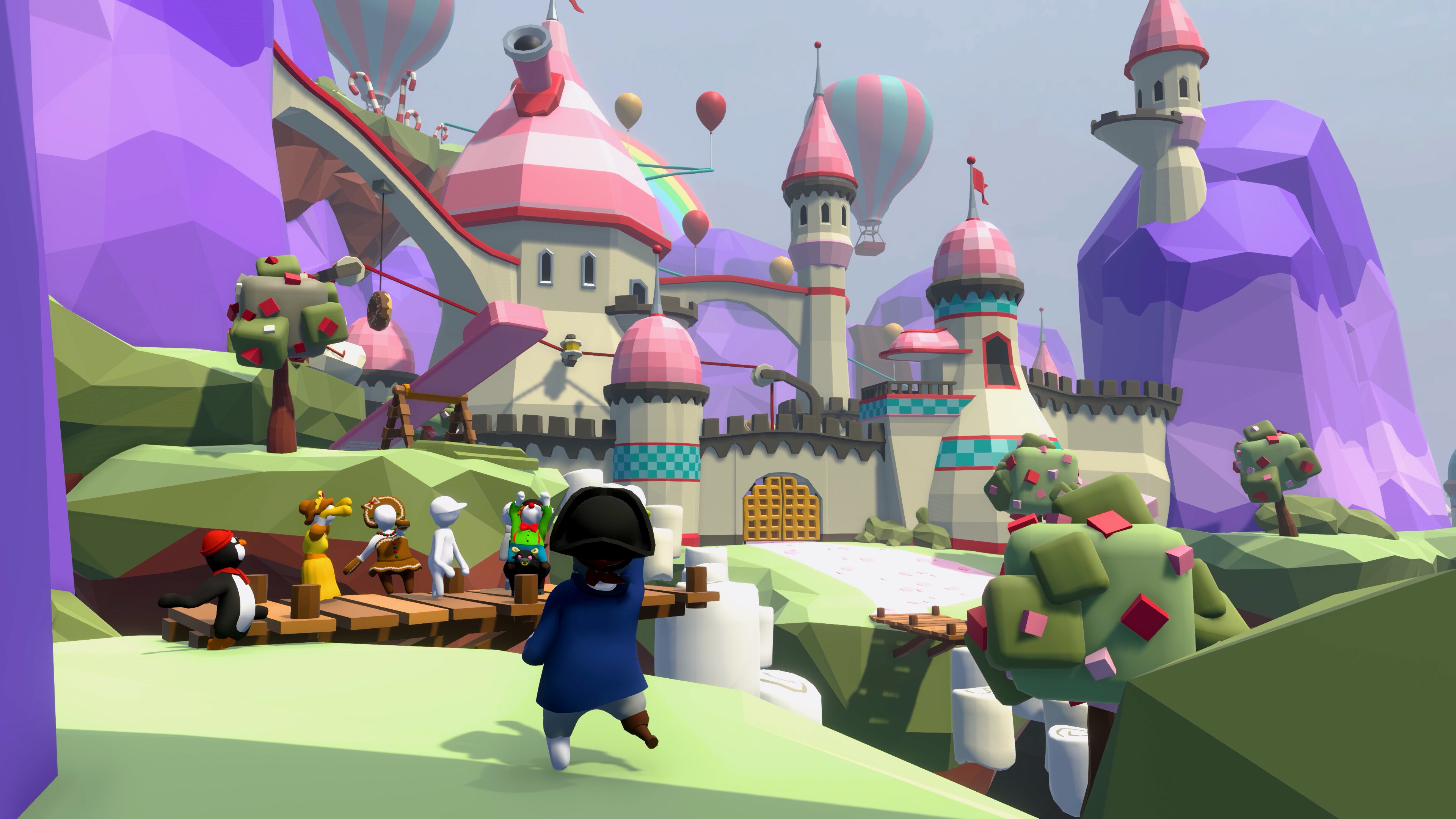 Human: Fall Flat screenshot: low-poly, stylized 3d, third-person, no outlines, soft gradient (environment, character)