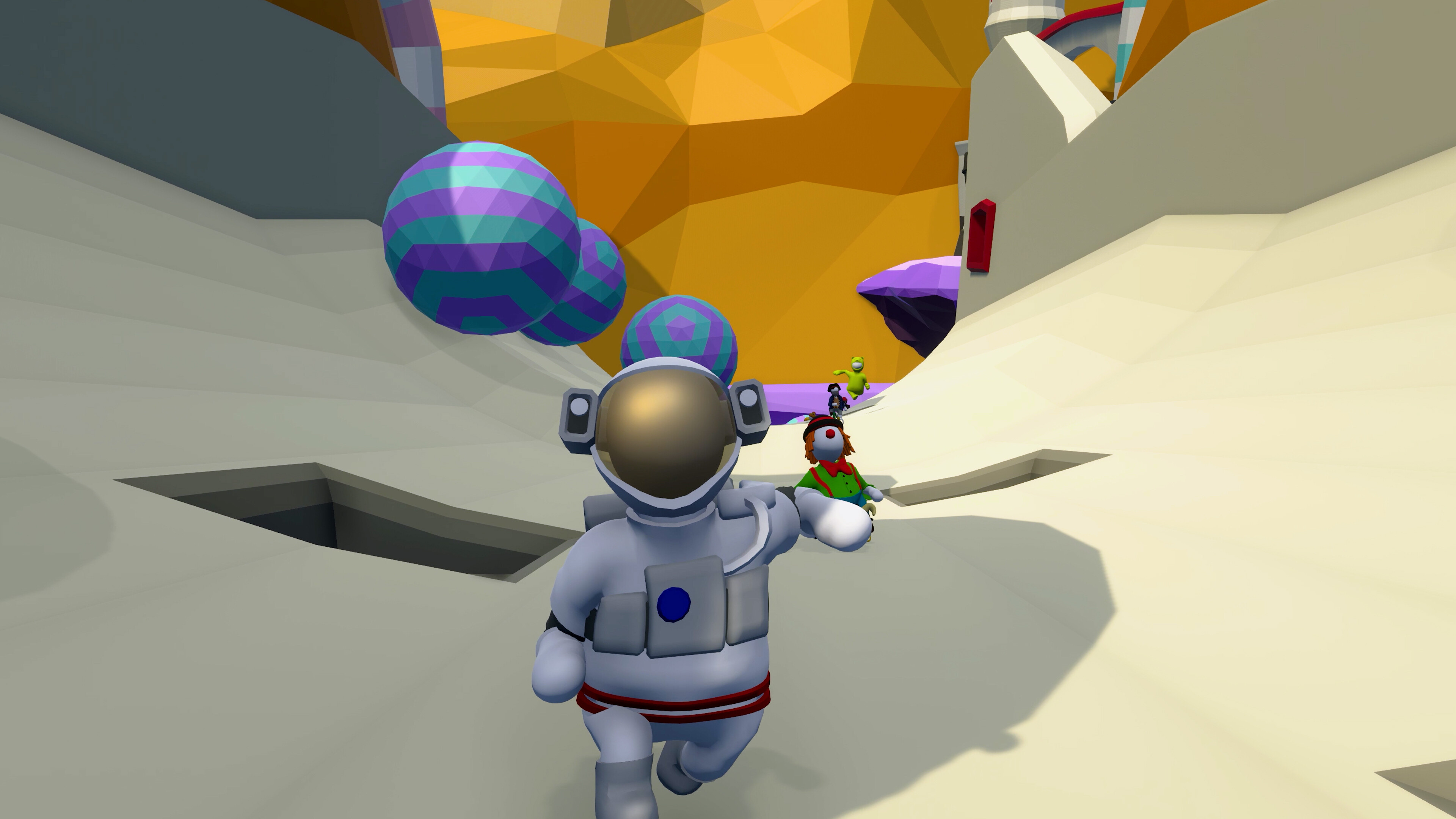 Human: Fall Flat screenshot: low-poly, stylized 3d, third-person, no outlines, soft gradient (environment, character)