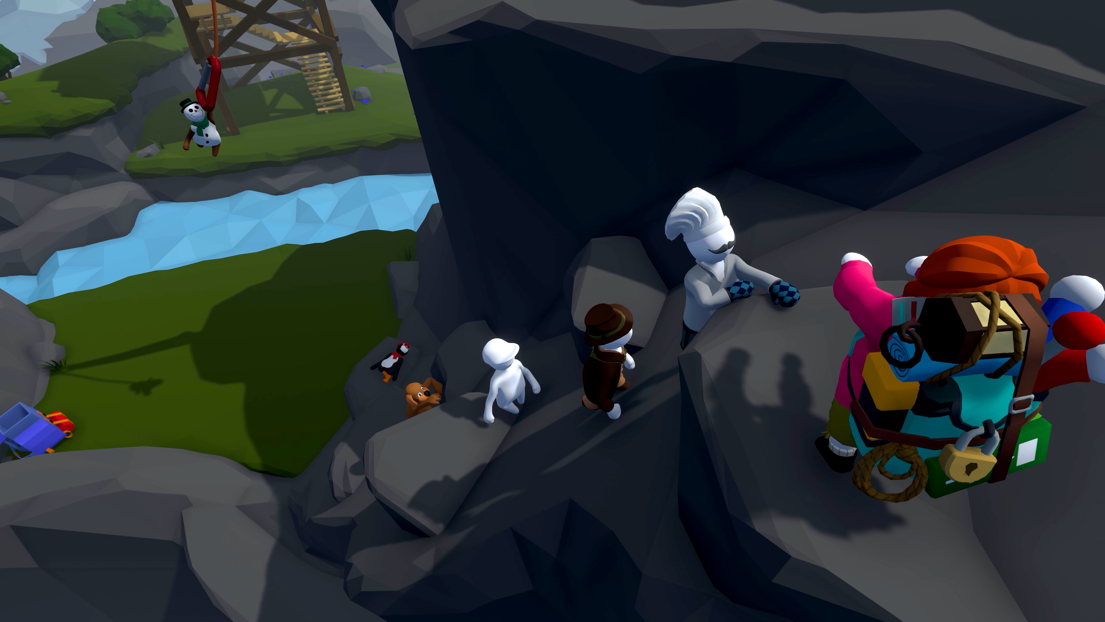 Human: Fall Flat screenshot: low-poly, stylized 3d, third-person, no outlines, soft gradient (environment, character)