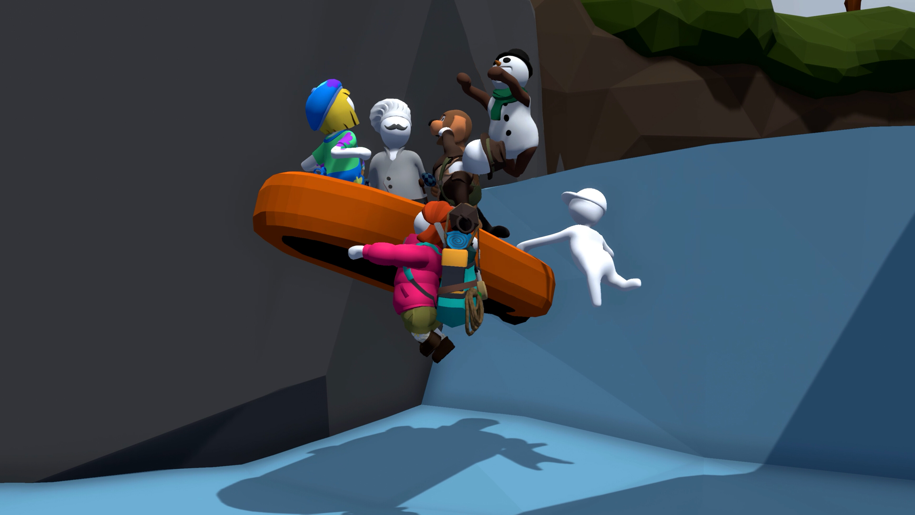Human: Fall Flat screenshot: low-poly, stylized 3d, third-person, no outlines, soft gradient (environment, character)