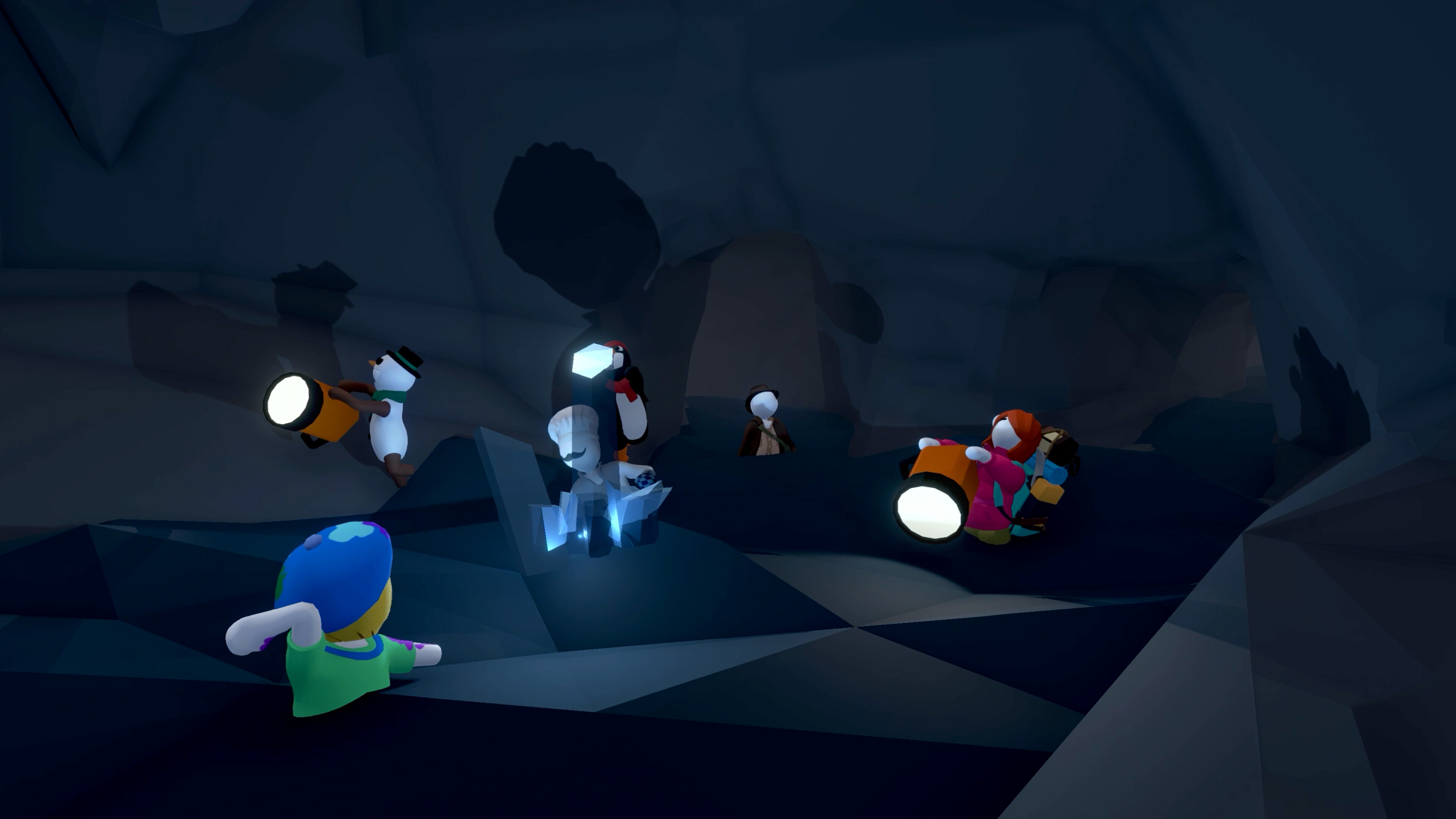 Human: Fall Flat screenshot: low-poly, stylized 3d, third-person, no outlines, soft gradient (environment, character)