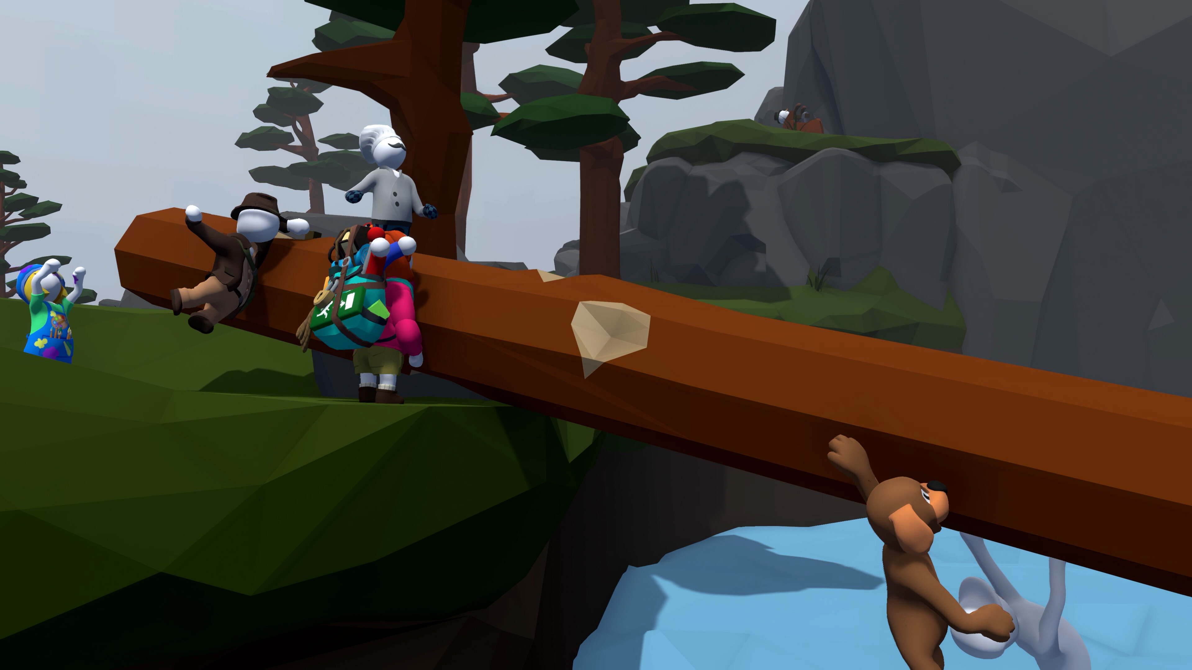 Human: Fall Flat screenshot: low-poly, stylized 3d, third-person, no outlines, soft gradient (environment, character)