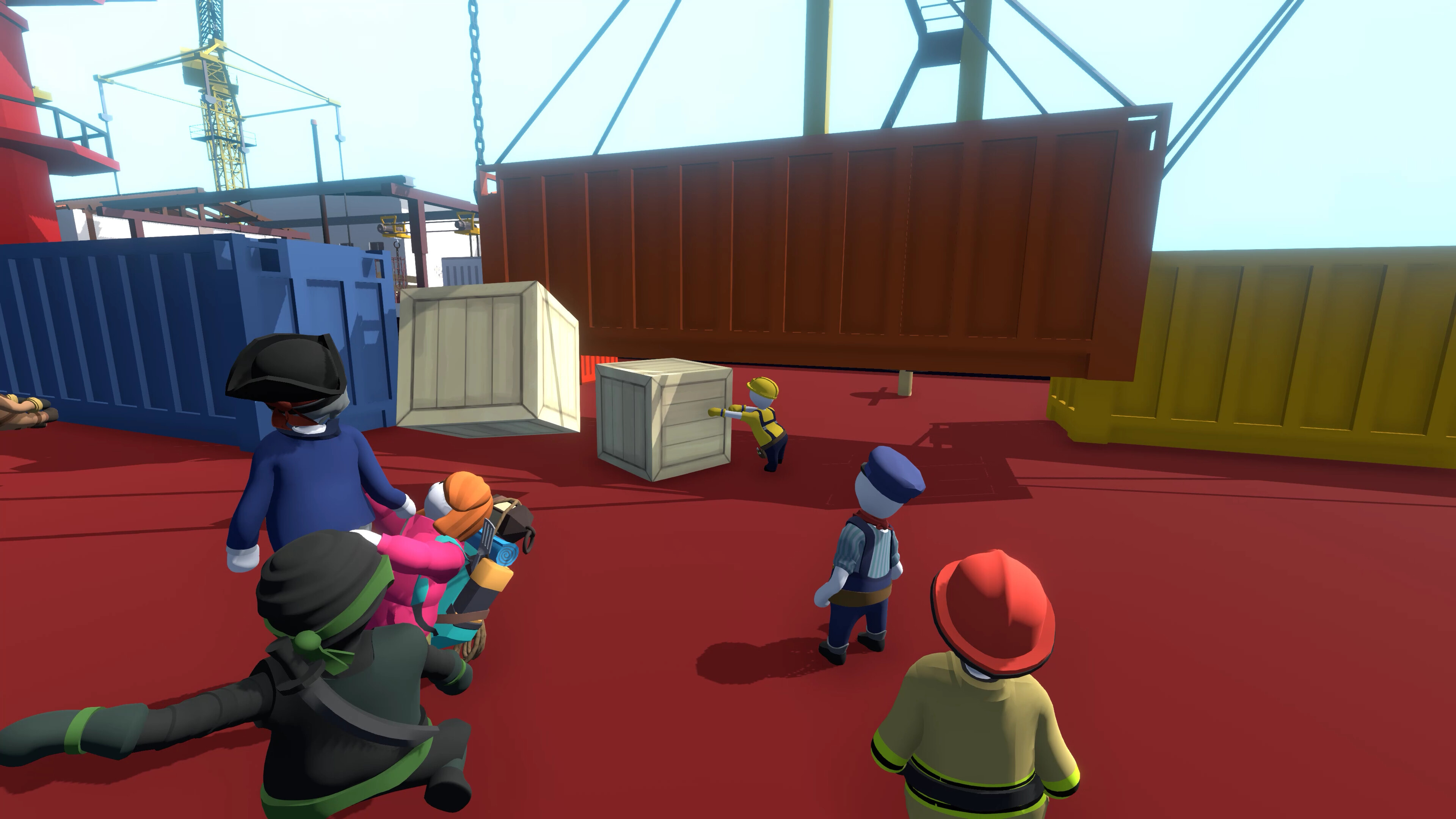 Human: Fall Flat screenshot: low-poly, stylized 3d, third-person, no outlines, soft gradient (environment, character)