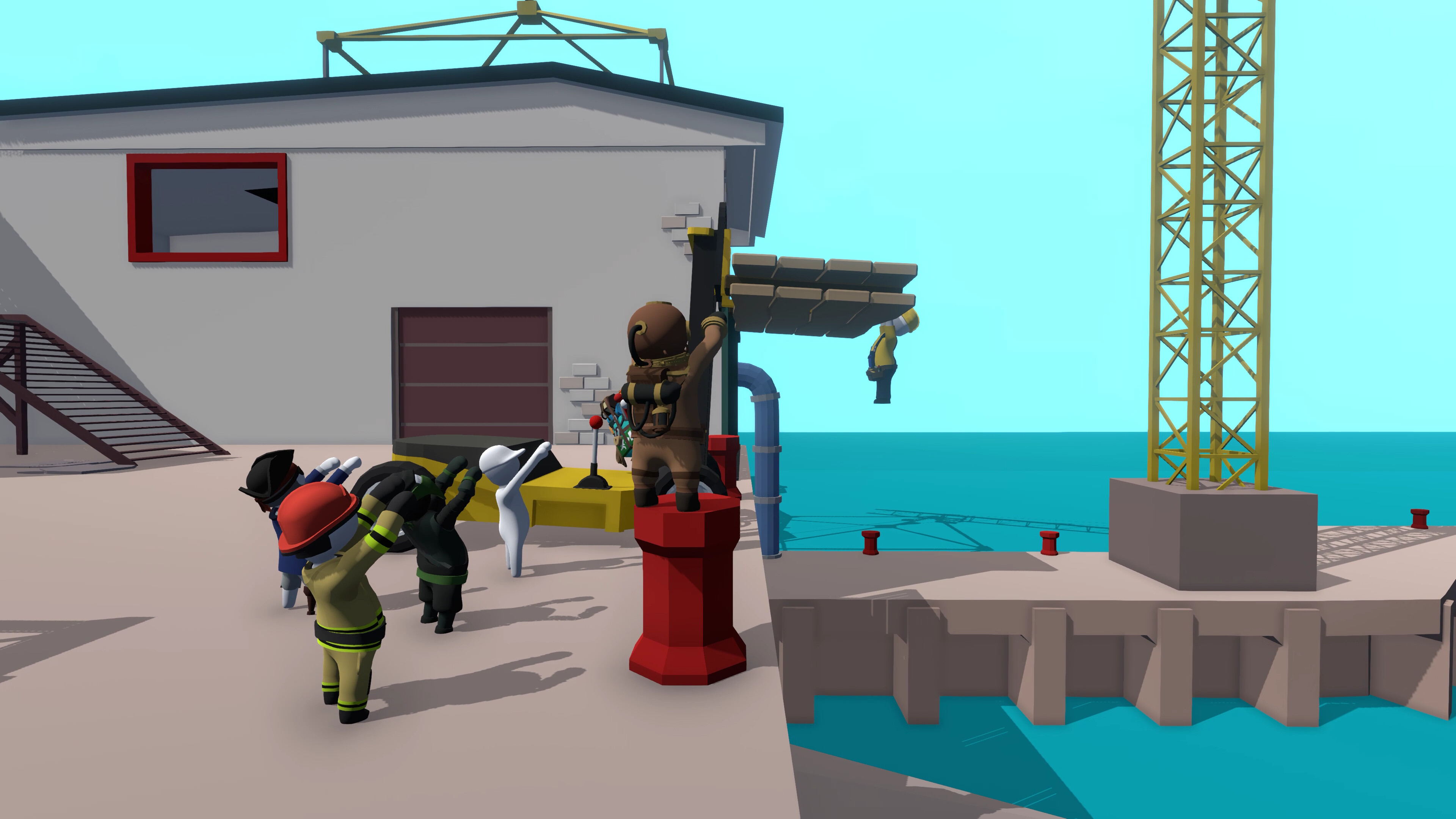 Human: Fall Flat screenshot: low-poly, stylized 3d, third-person, no outlines, soft gradient (environment, character)