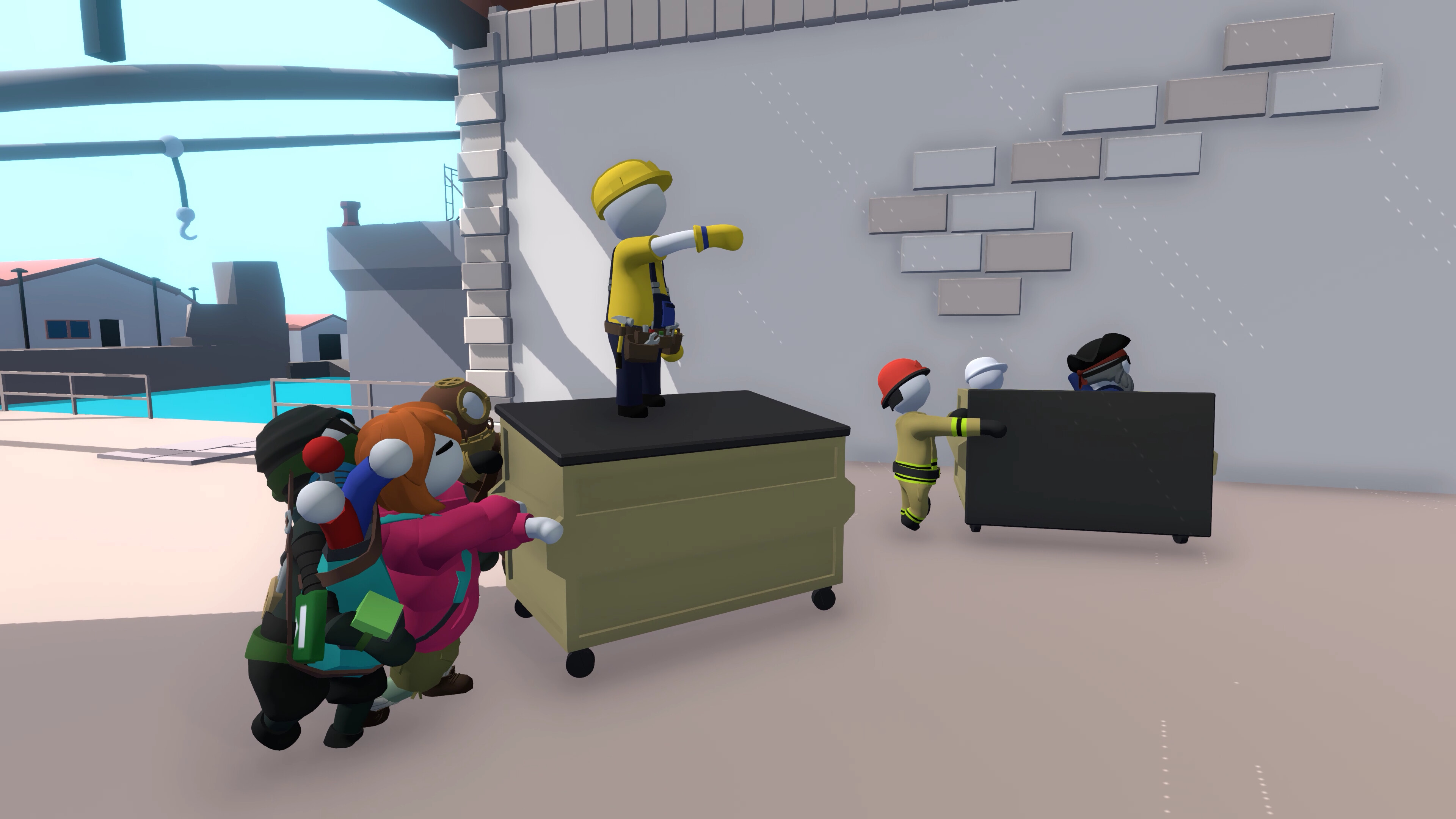 Human: Fall Flat screenshot: low-poly, stylized 3d, third-person, no outlines, soft gradient (environment, character)