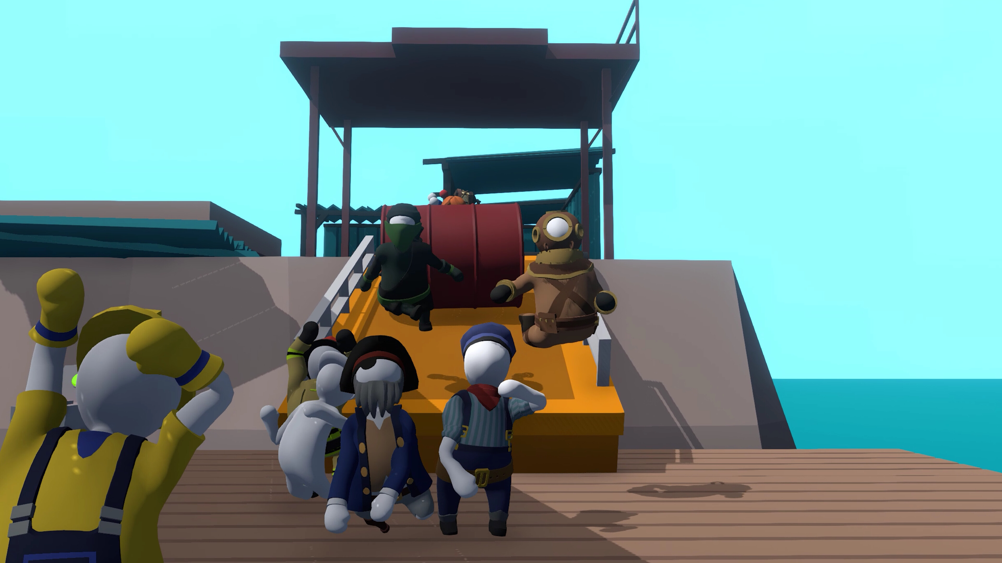 Human: Fall Flat screenshot: low-poly, stylized 3d, third-person, no outlines, soft gradient (environment, character)