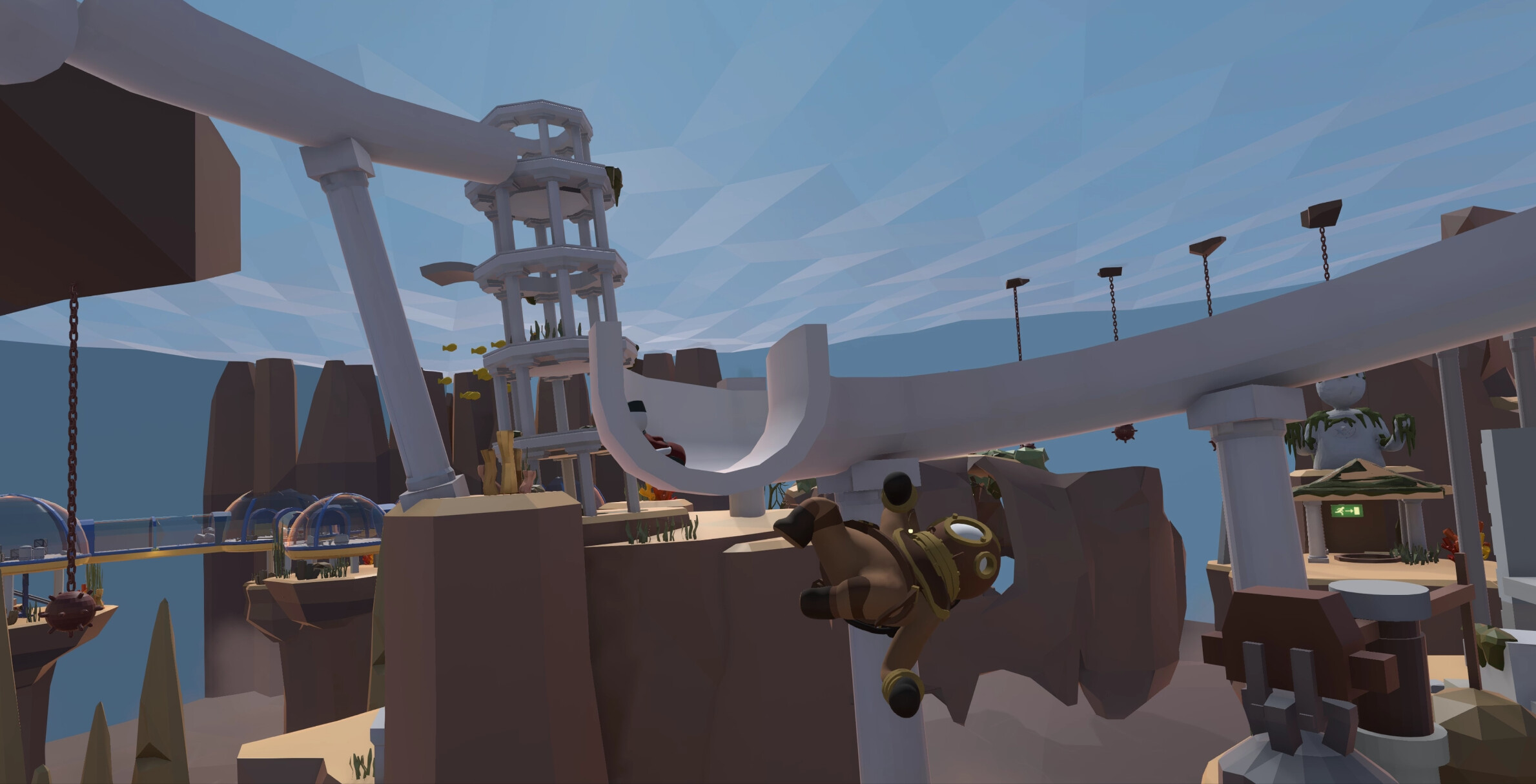 Human: Fall Flat screenshot: low-poly, stylized 3d, third-person, no outlines, soft gradient (environment, character)
