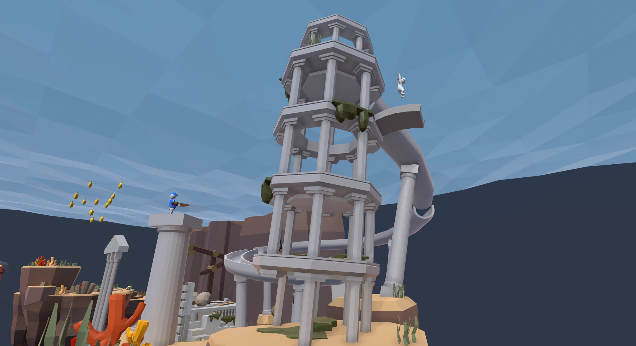 Human: Fall Flat screenshot: low-poly, stylized 3d, third-person, no outlines, soft gradient (environment, character)