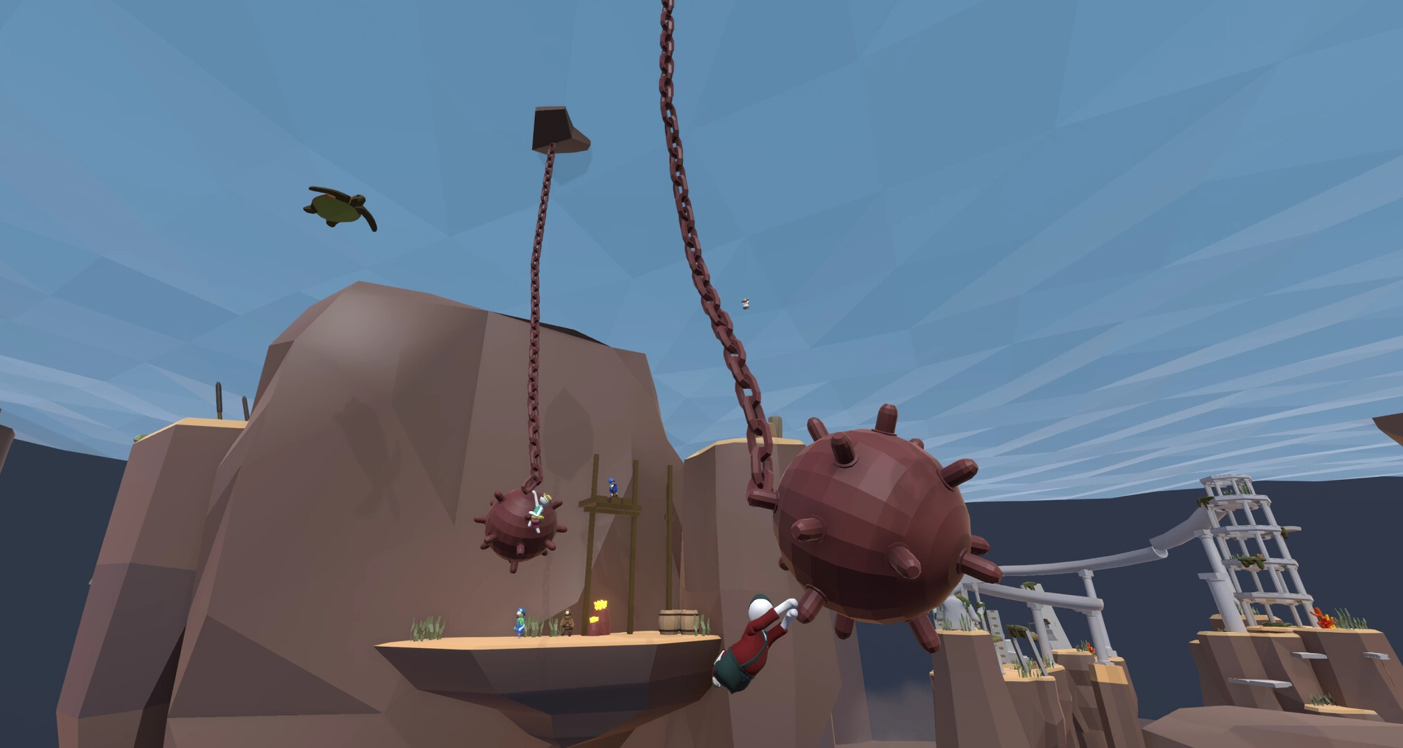 Human: Fall Flat screenshot: low-poly, stylized 3d, third-person, no outlines, soft gradient (environment, character)