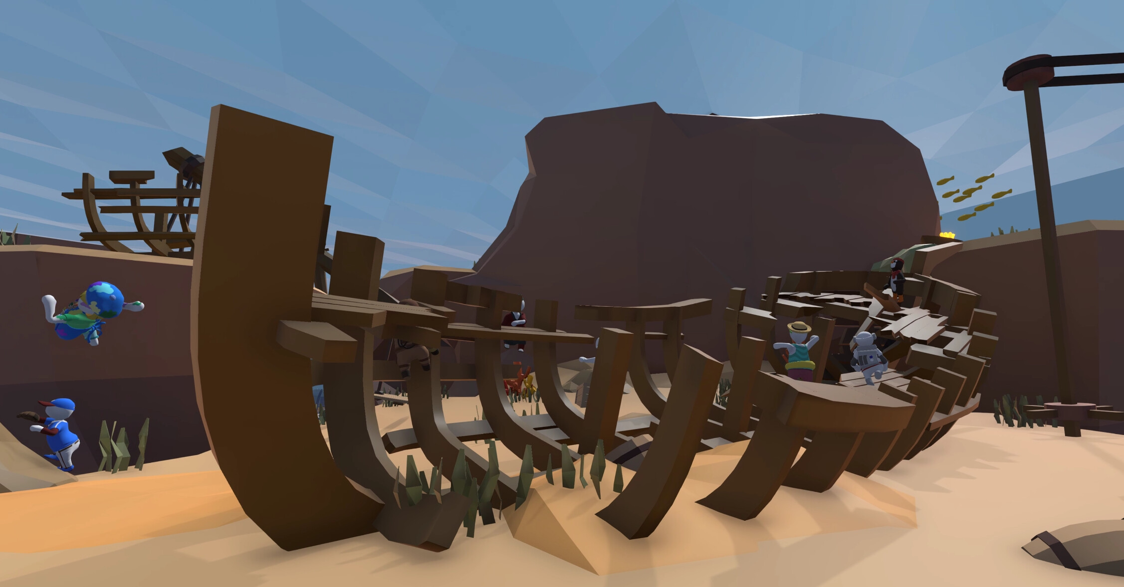 Human: Fall Flat screenshot: low-poly, stylized 3d, third-person, no outlines, soft gradient (environment, character)