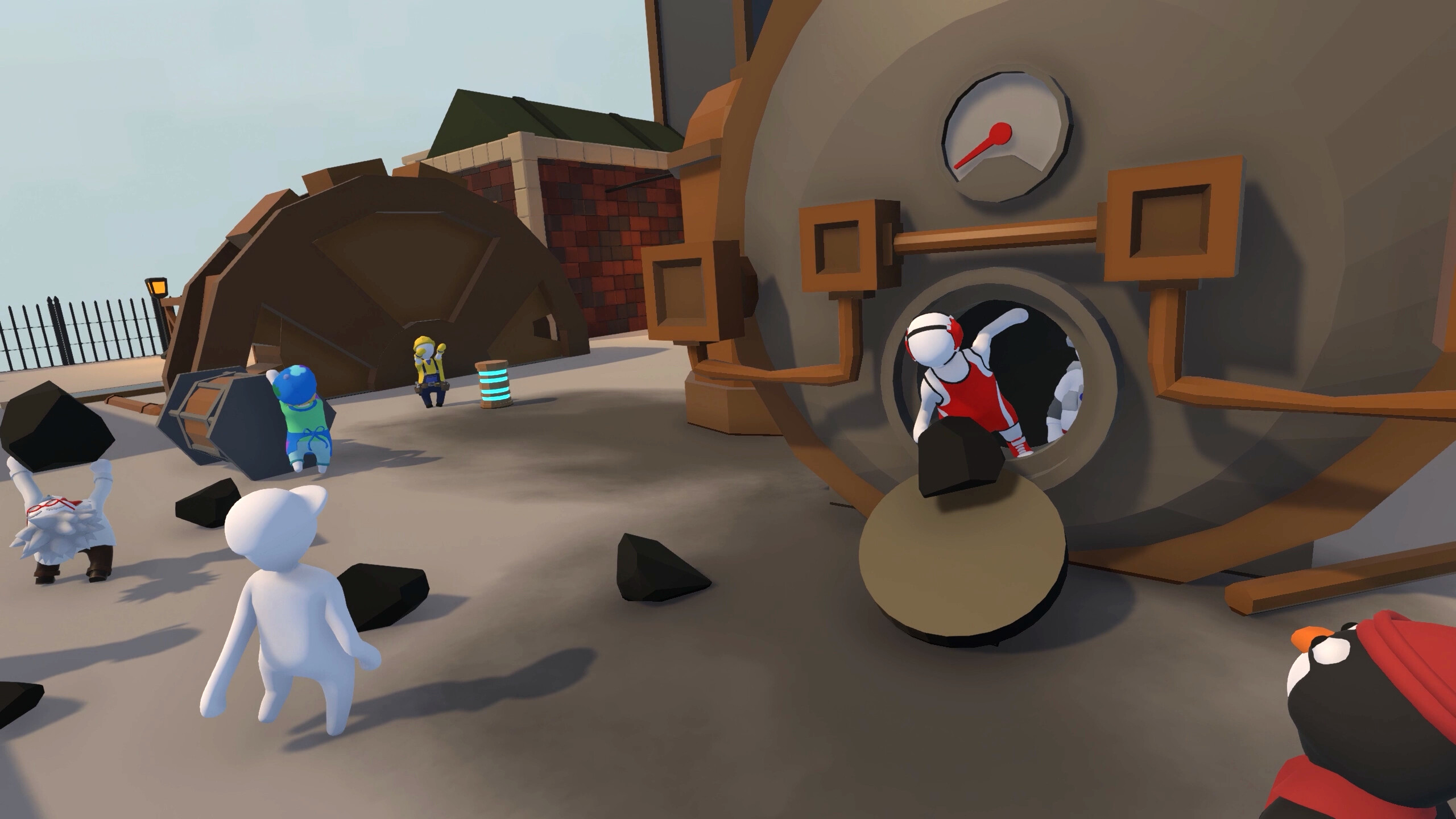 Human: Fall Flat screenshot: low-poly, stylized 3d, third-person, no outlines, soft gradient (environment, character)