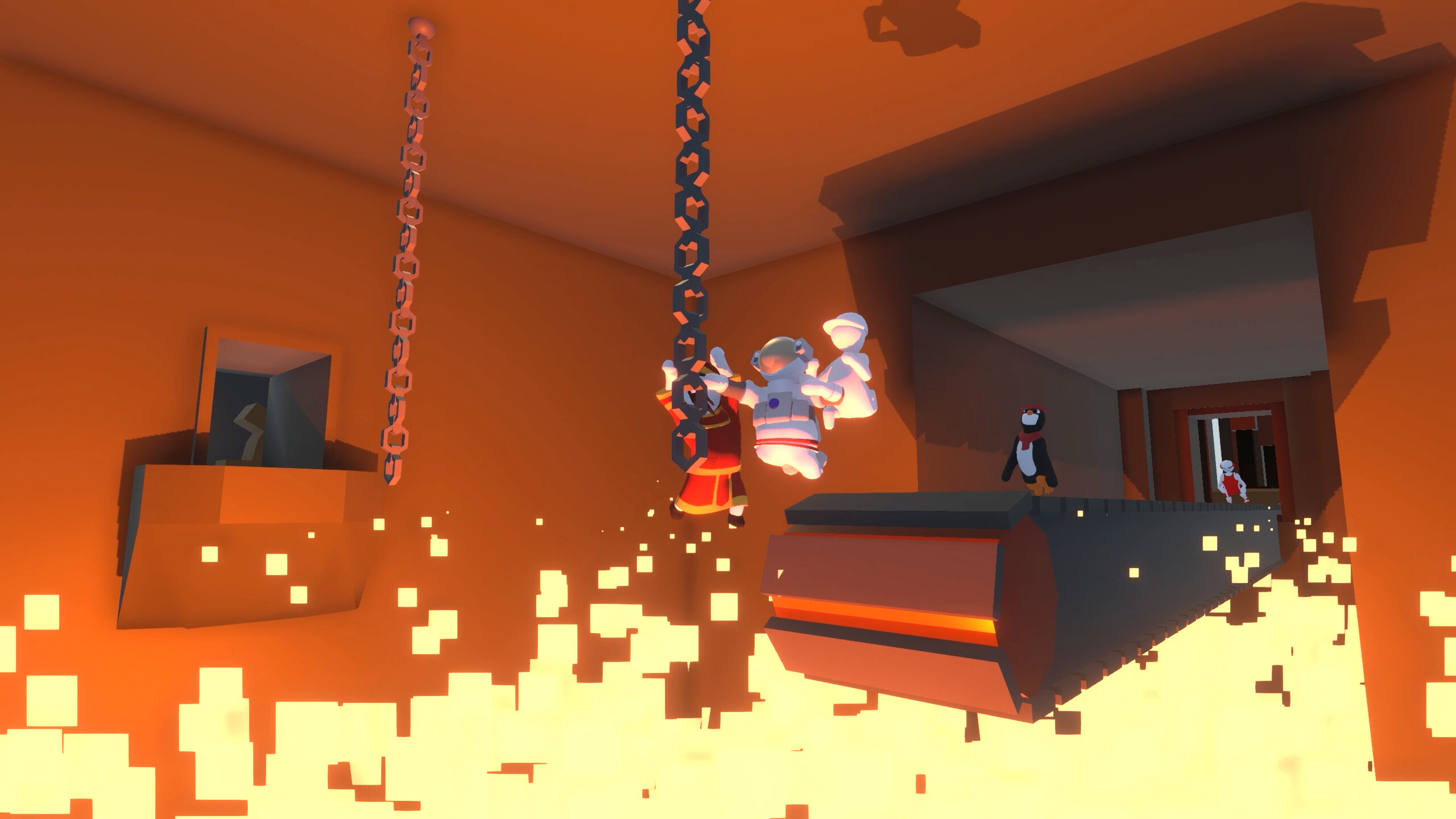 Human: Fall Flat screenshot: low-poly, stylized 3d, third-person, no outlines, soft gradient (environment, character)