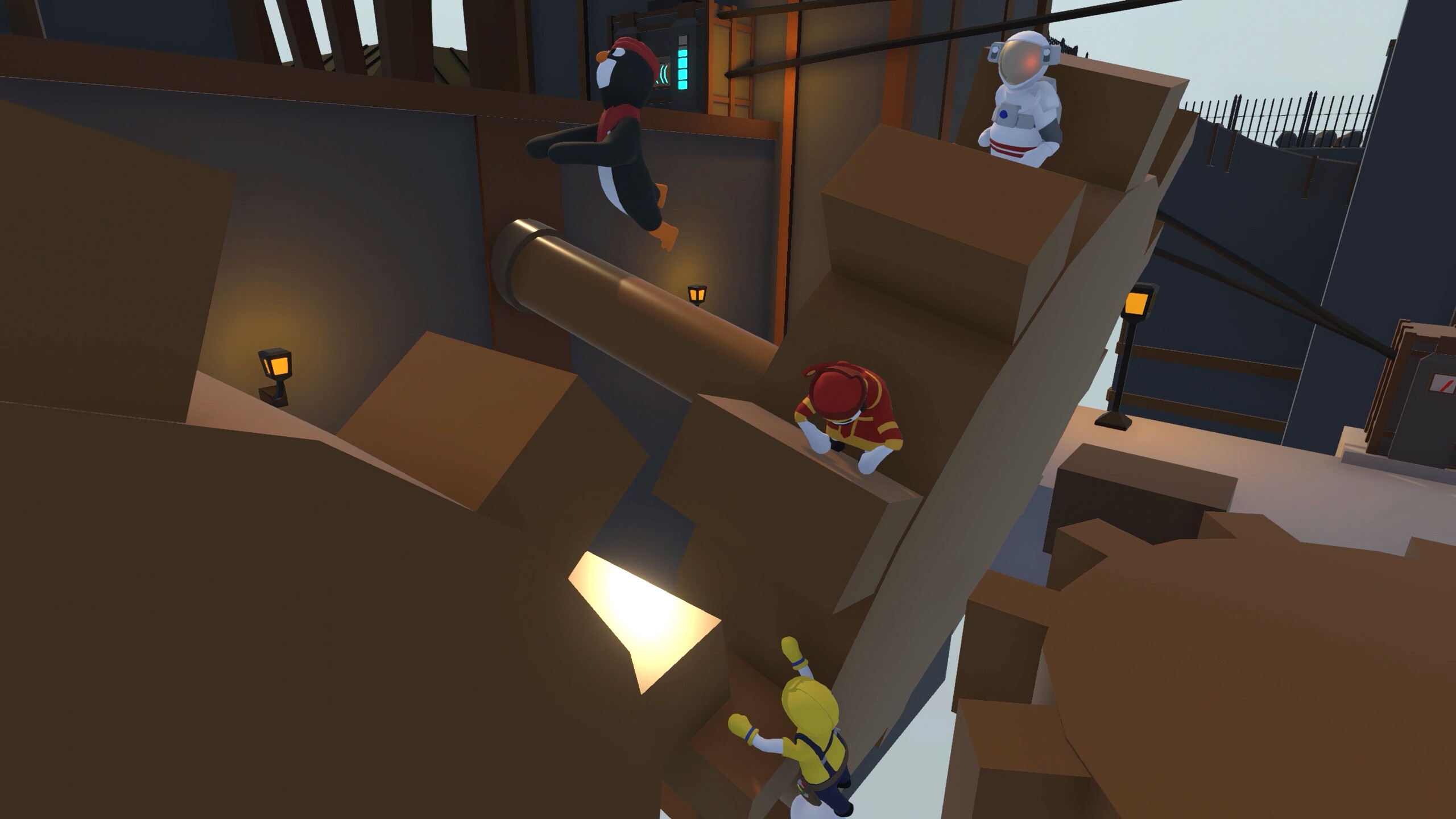 Human: Fall Flat screenshot: low-poly, stylized 3d, third-person, no outlines, soft gradient (environment, character)