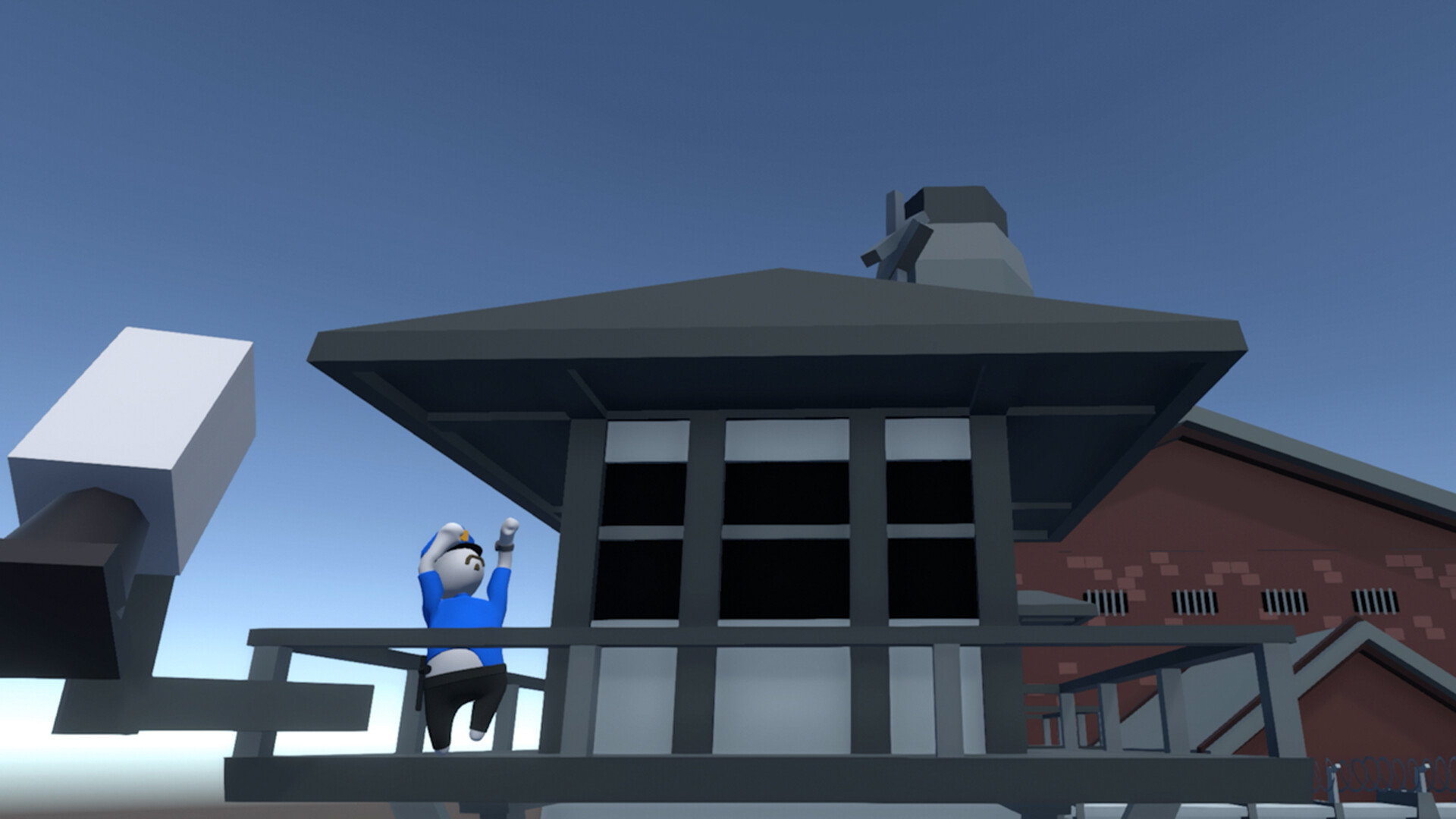 Human: Fall Flat screenshot: low-poly, stylized 3d, third-person, no outlines, soft gradient (environment, character)