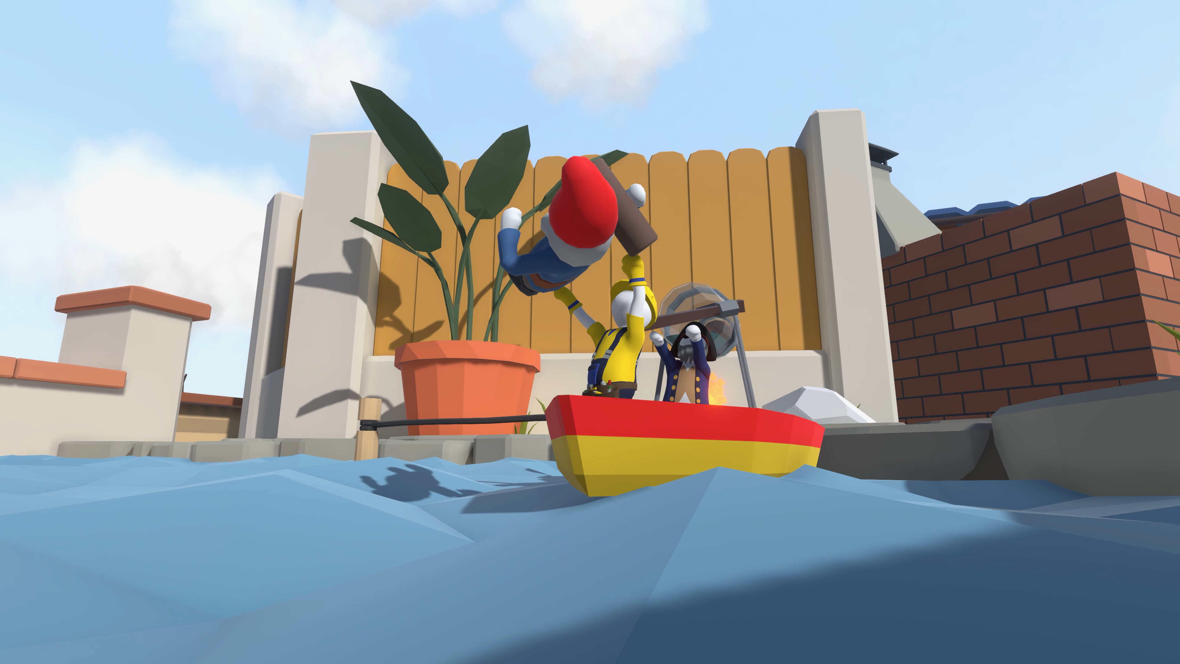 Human: Fall Flat screenshot: low-poly, stylized 3d, third-person, no outlines, soft gradient (environment, character)