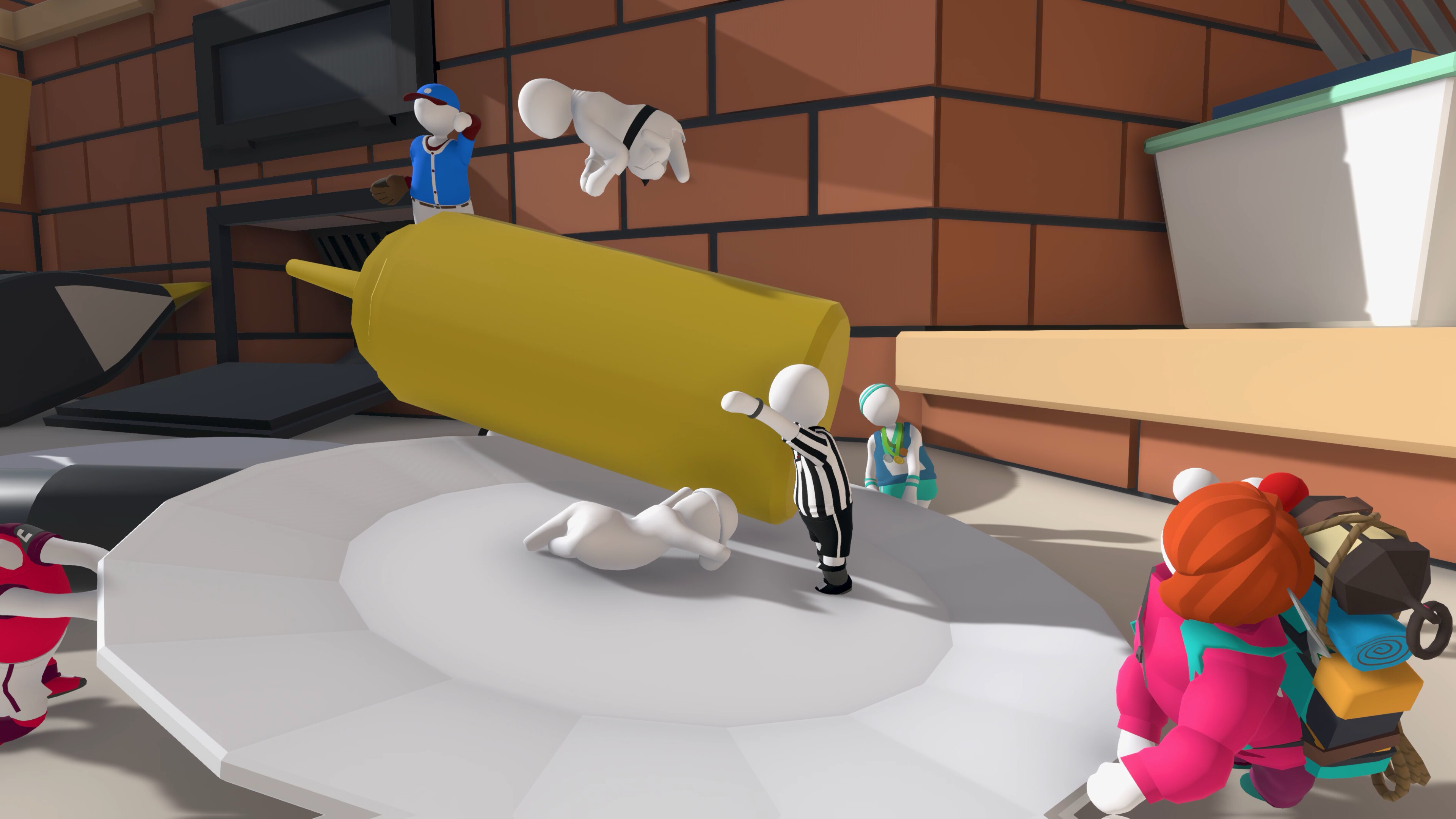 Human: Fall Flat screenshot: low-poly, stylized 3d, third-person, no outlines, soft gradient (environment, character)