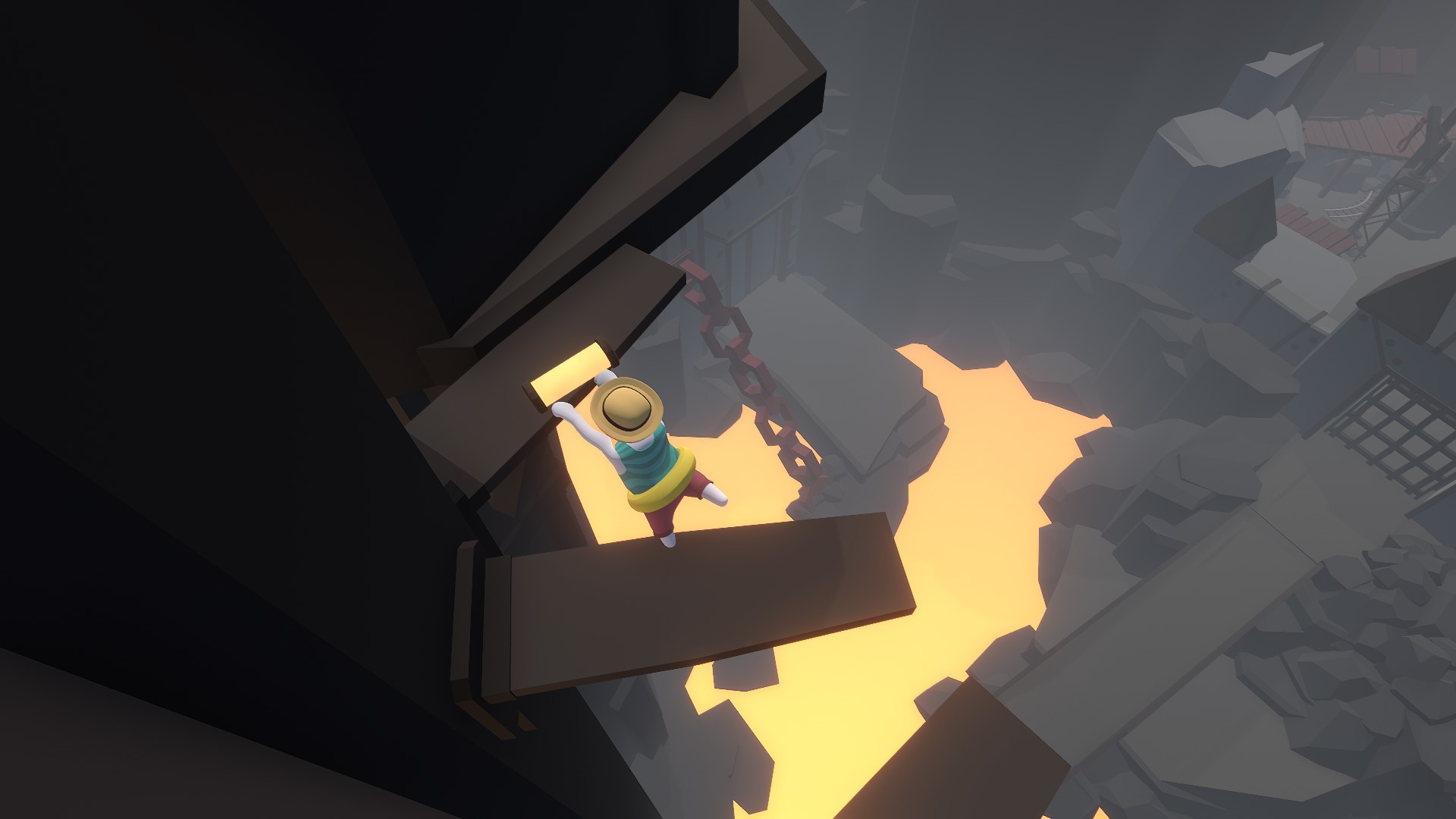Human: Fall Flat screenshot: low-poly, stylized 3d, third-person, no outlines, soft gradient (environment, character)