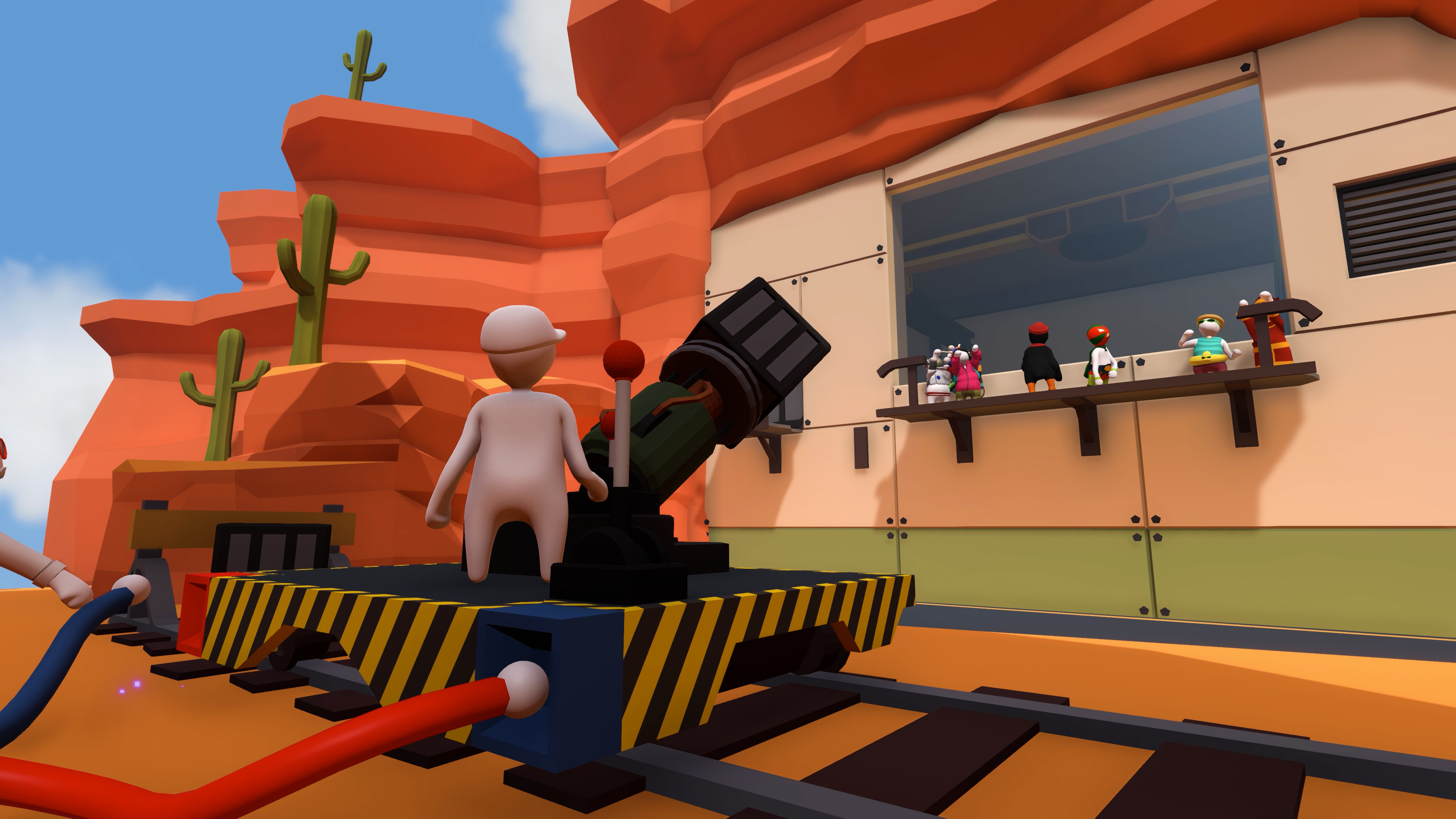 Human: Fall Flat screenshot: low-poly, stylized 3d, third-person, no outlines, soft gradient (environment, character)