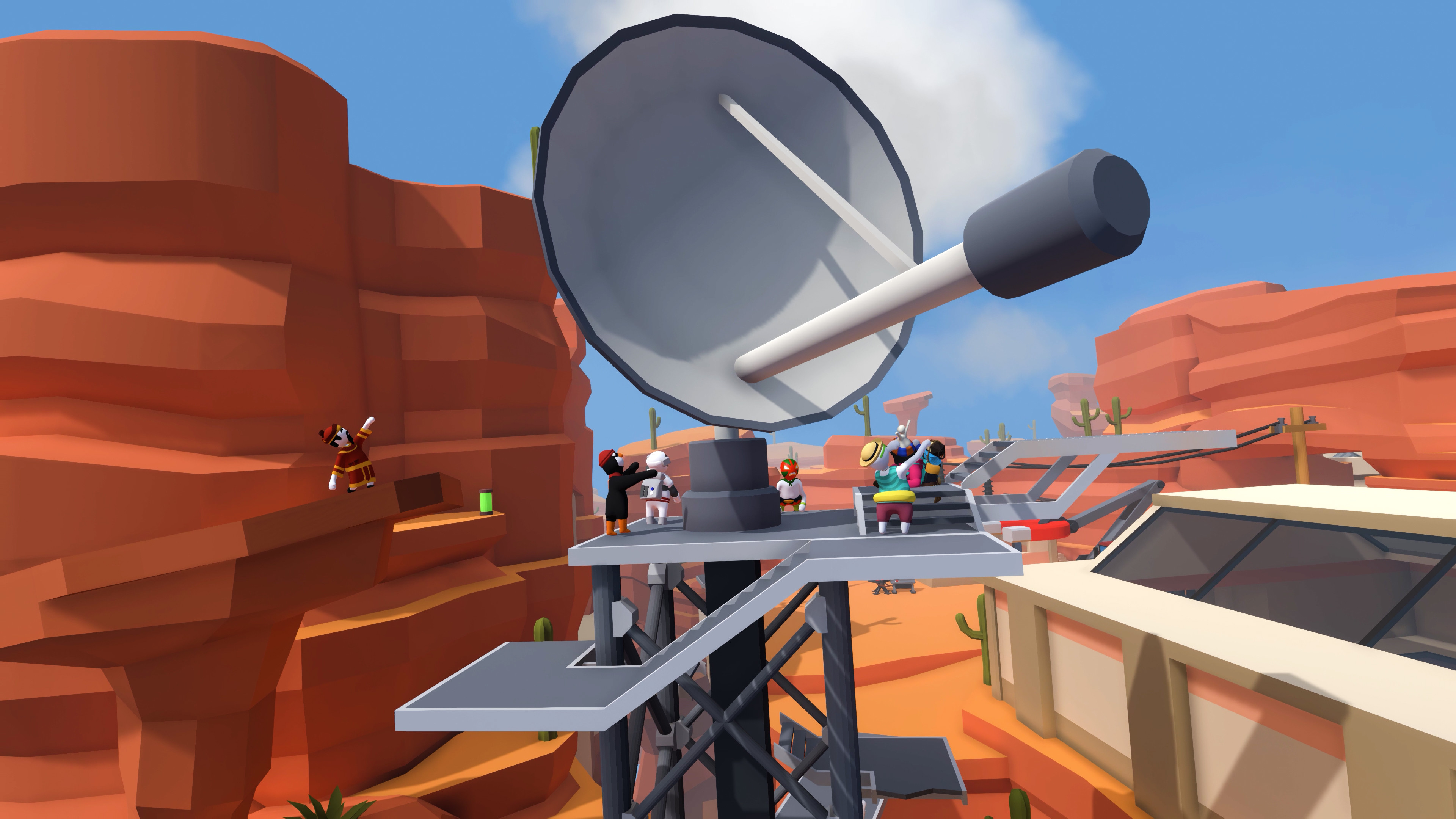 Human: Fall Flat screenshot: low-poly, stylized 3d, third-person, no outlines, soft gradient (environment, character)