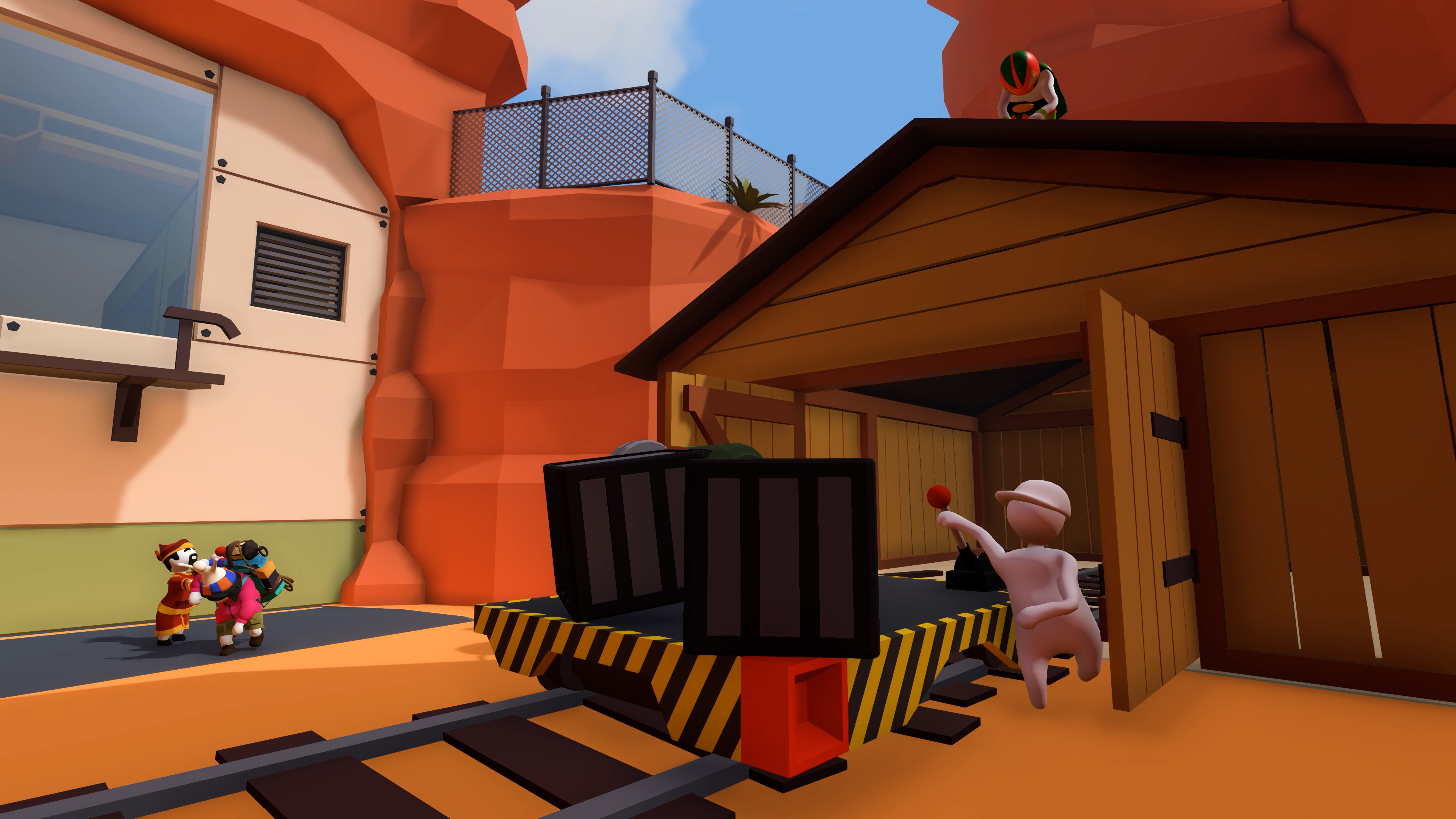 Human: Fall Flat screenshot: low-poly, stylized 3d, third-person, no outlines, soft gradient (environment, character)