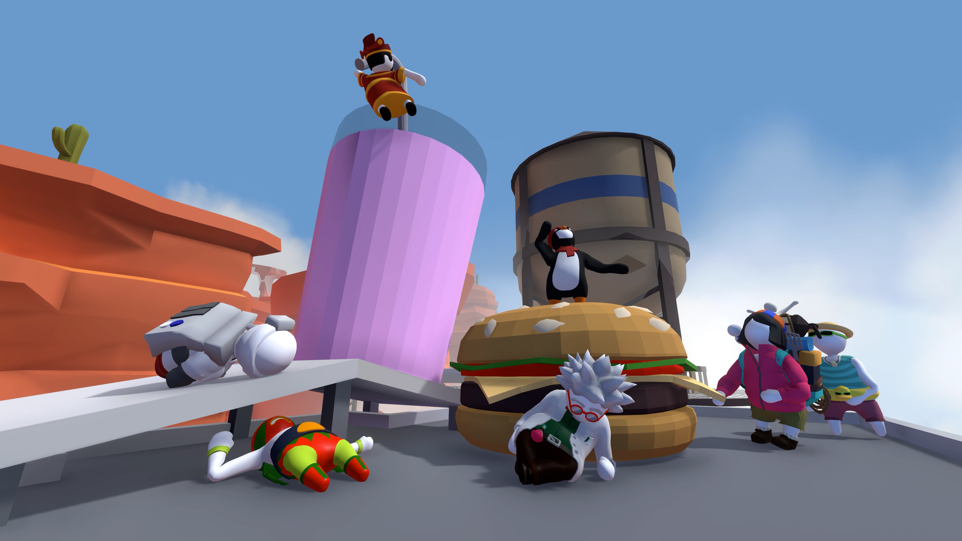 Human: Fall Flat screenshot: low-poly, stylized 3d, third-person, no outlines, soft gradient (environment, character)