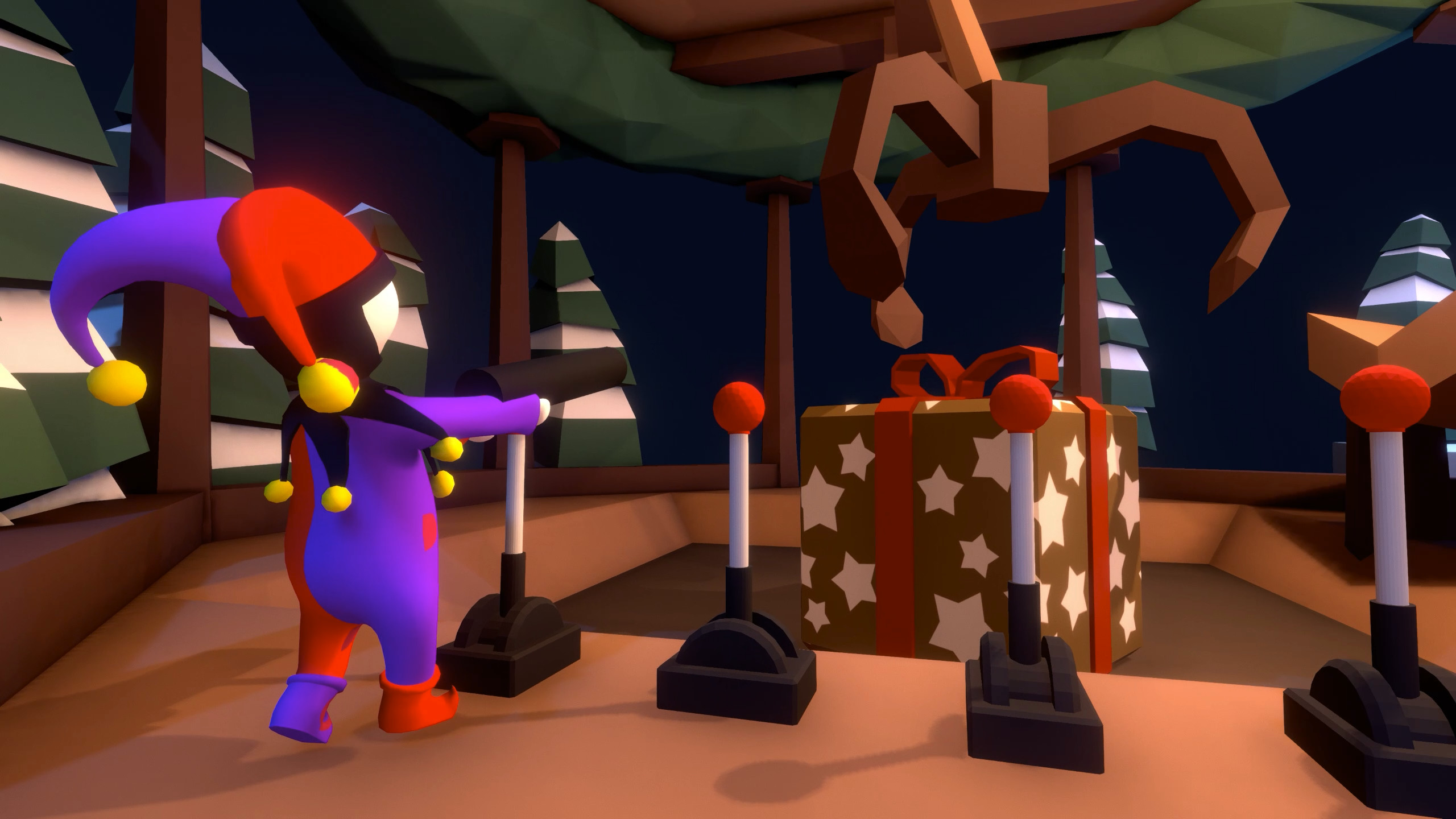 Human: Fall Flat screenshot: low-poly, stylized 3d, third-person, no outlines, soft gradient (environment, character)