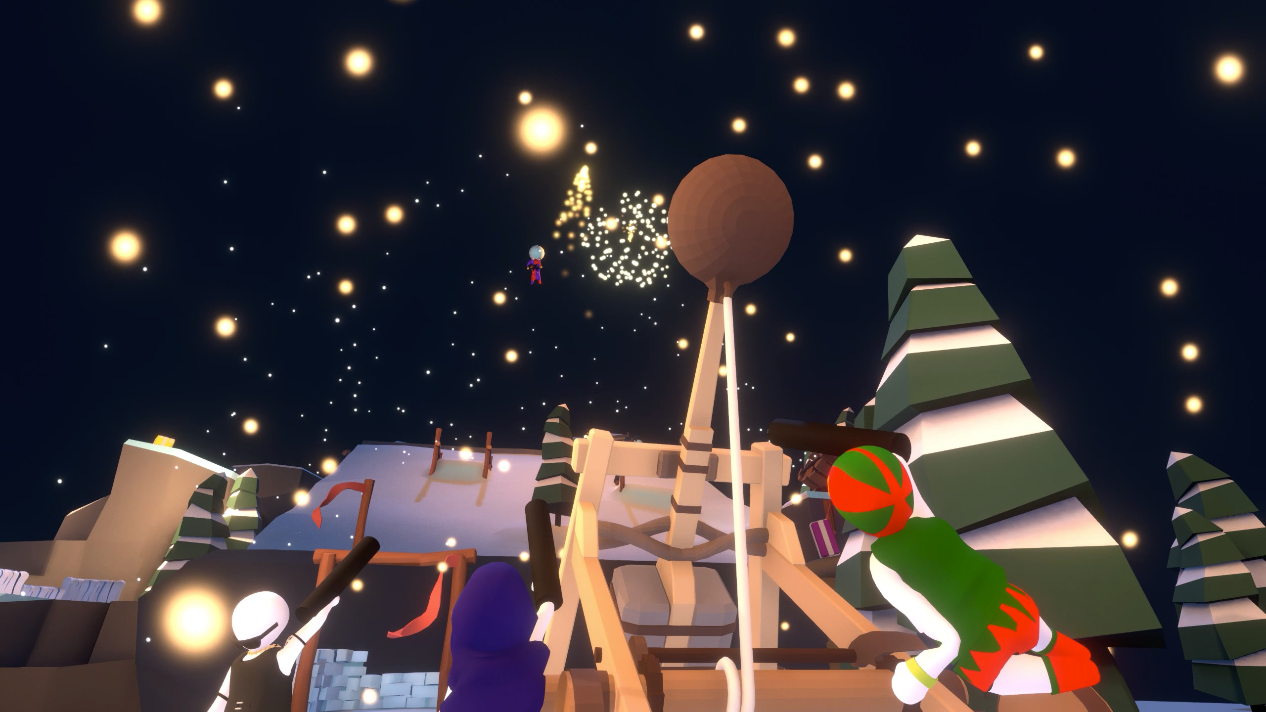 Human: Fall Flat screenshot: low-poly, stylized 3d, third-person, no outlines, soft gradient (environment, character)