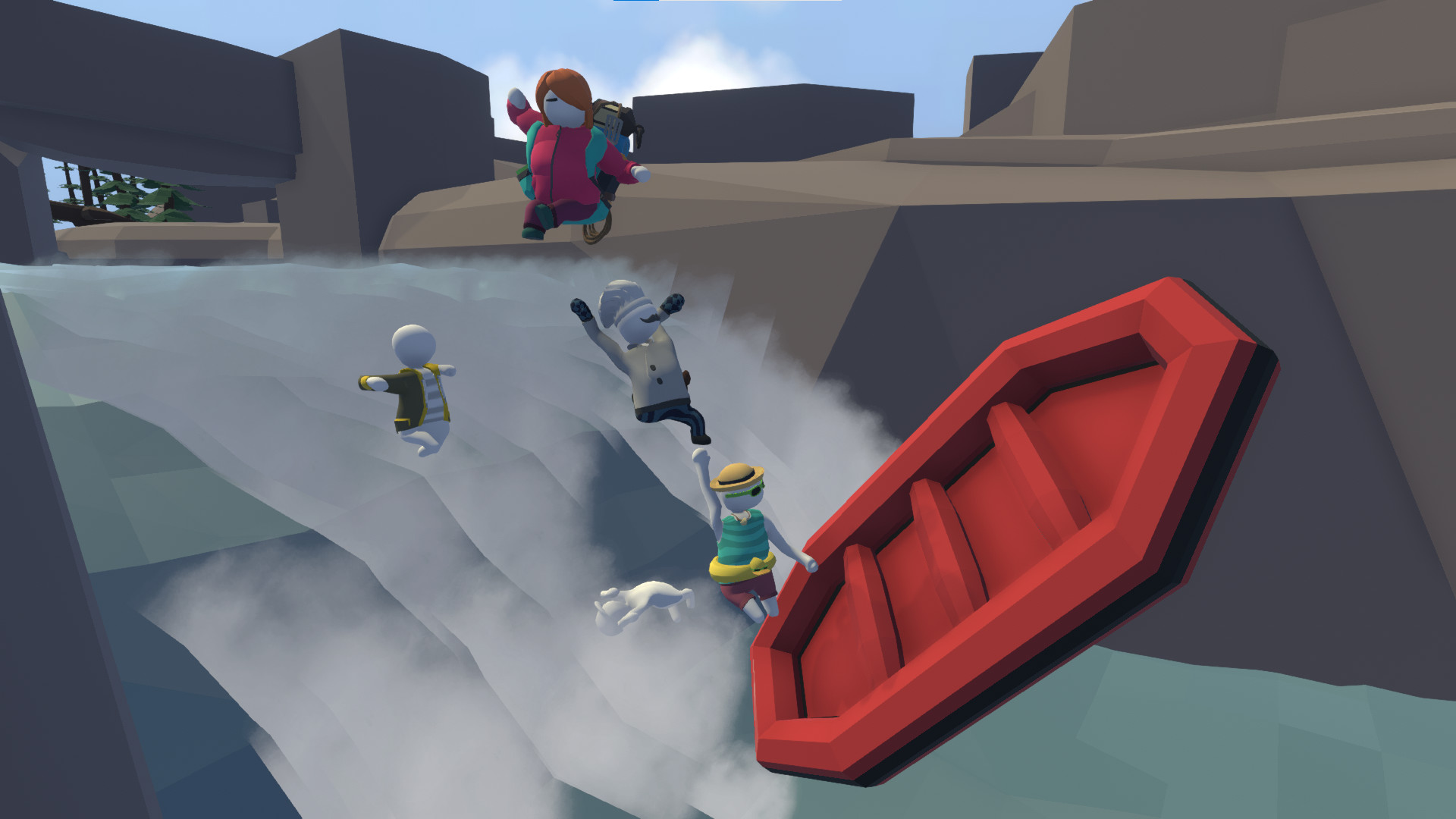 Human: Fall Flat screenshot: low-poly, stylized 3d, third-person, no outlines, soft gradient (environment, character)