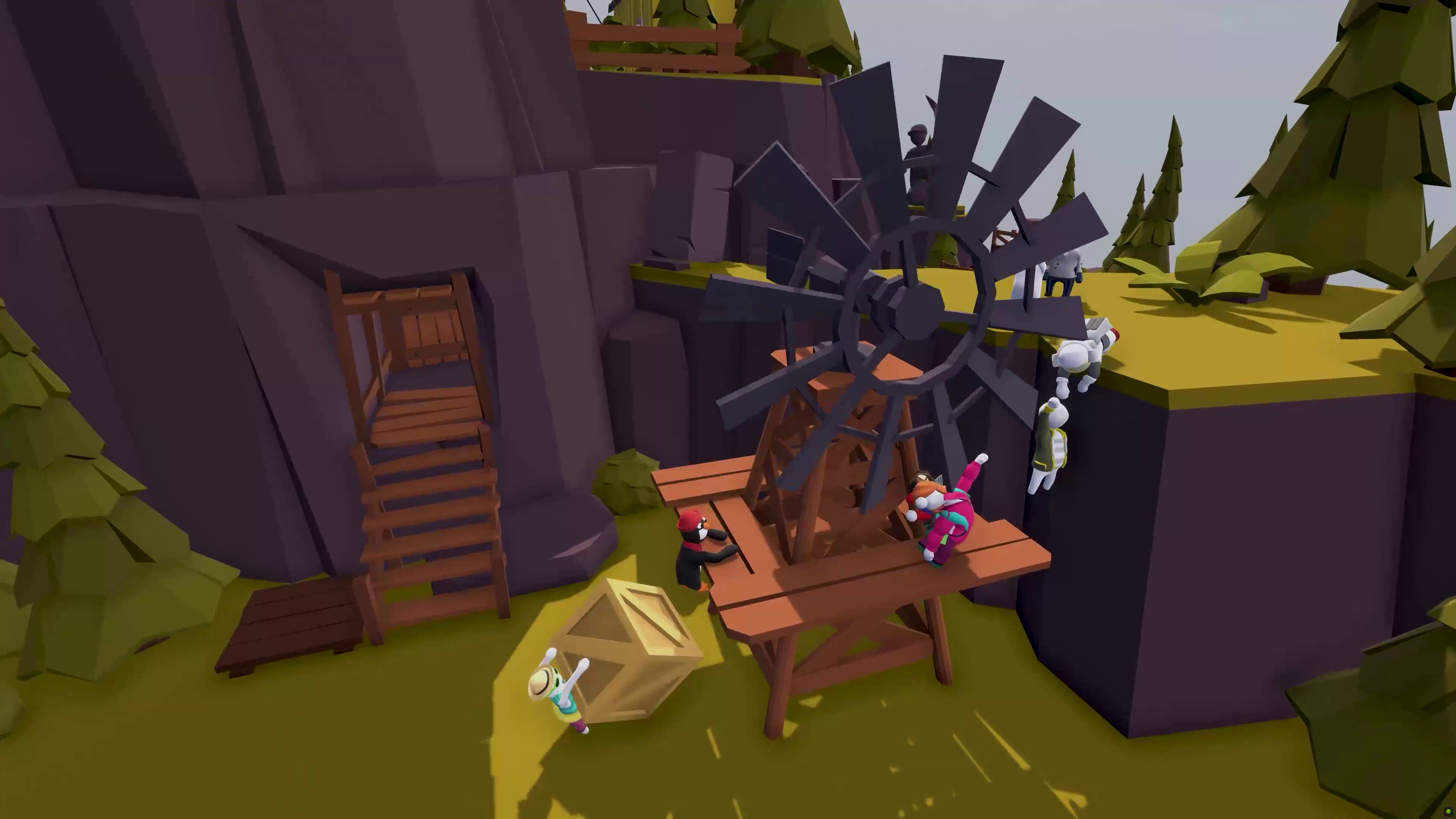 Human: Fall Flat screenshot: low-poly, stylized 3d, third-person, no outlines, soft gradient (environment, character)