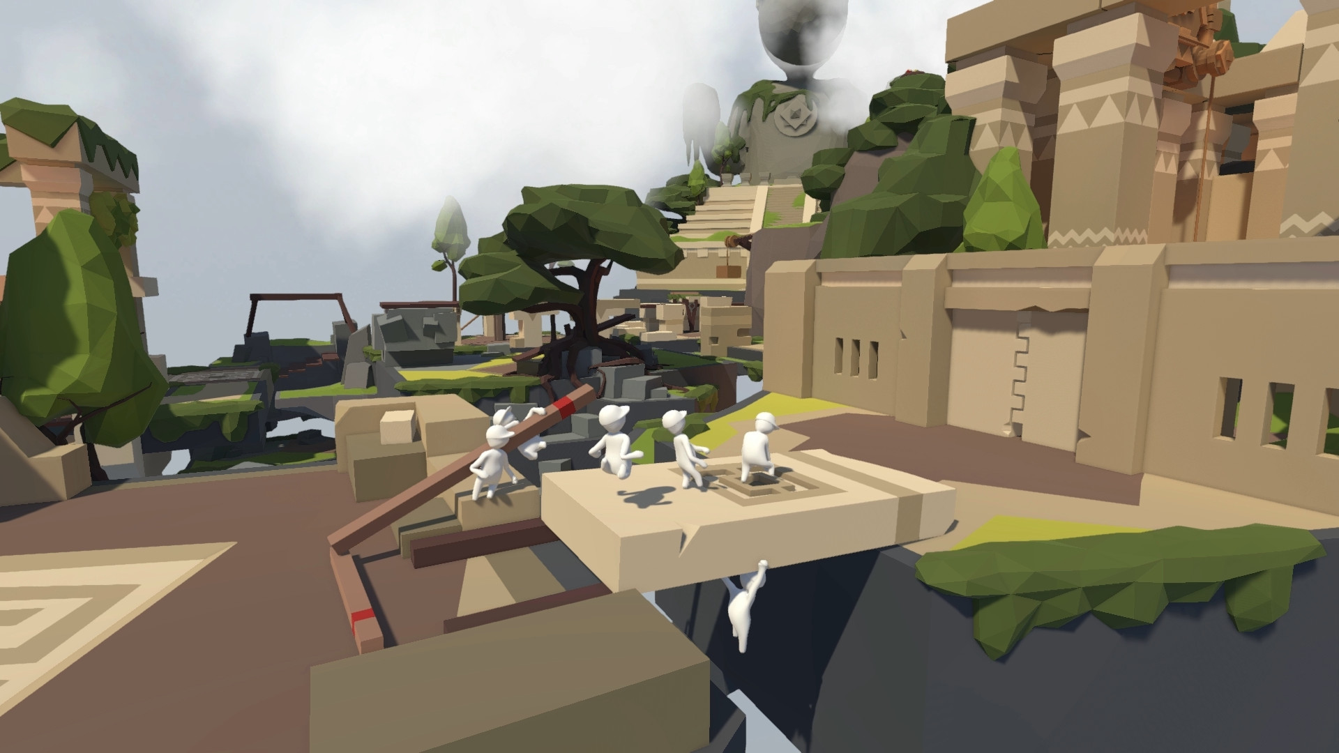 Human: Fall Flat screenshot: low-poly, stylized 3d, third-person, no outlines, soft gradient (environment, character)