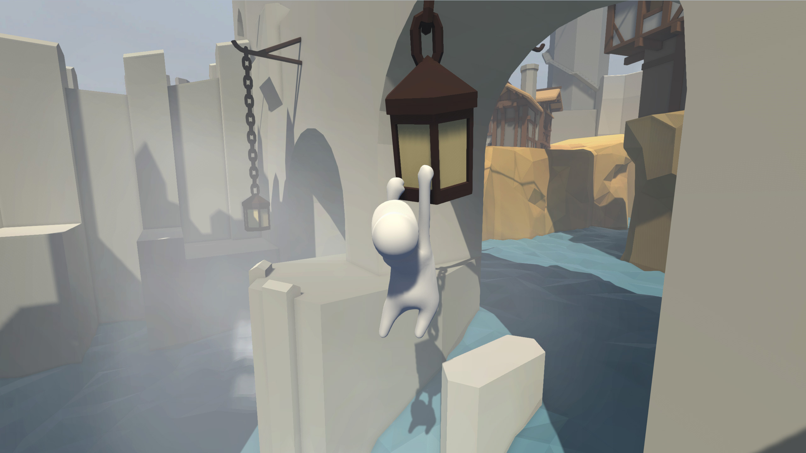Human: Fall Flat screenshot: low-poly, stylized 3d, third-person, no outlines, soft gradient (environment, character)