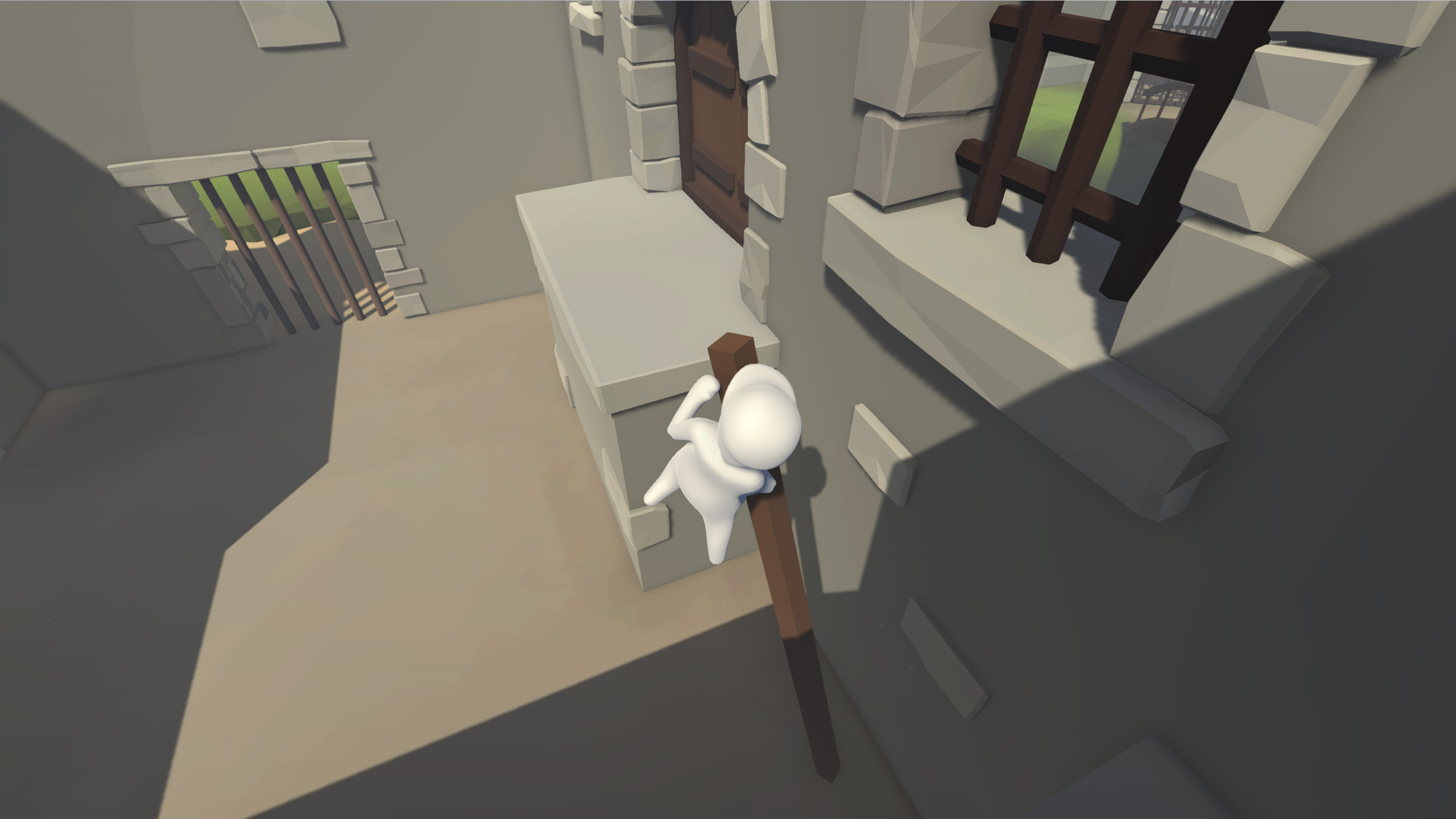 Human: Fall Flat screenshot: low-poly, stylized 3d, third-person, no outlines, soft gradient (environment, character)